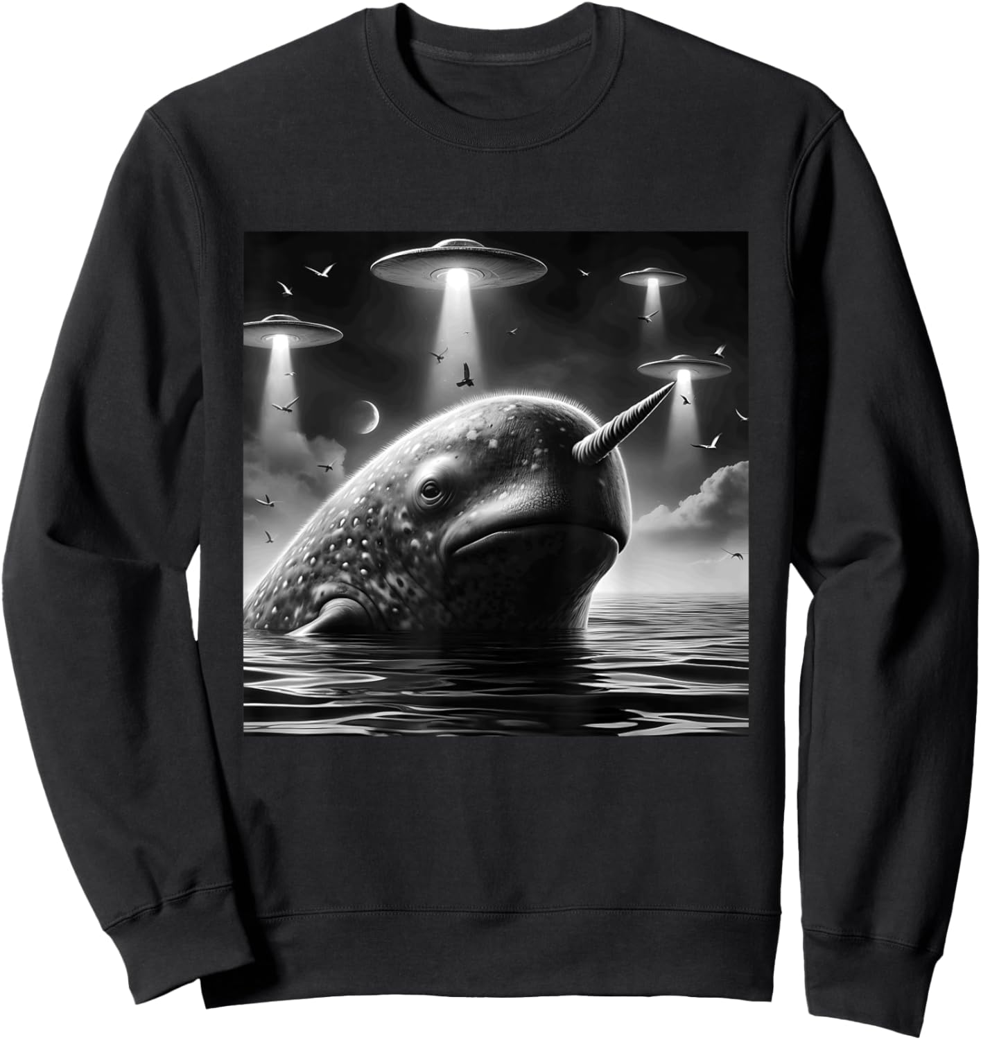 Narwhal Funny Graphic Selfie with UFOs Weird Aliens Sweatshirt - Sweatshirt | Black