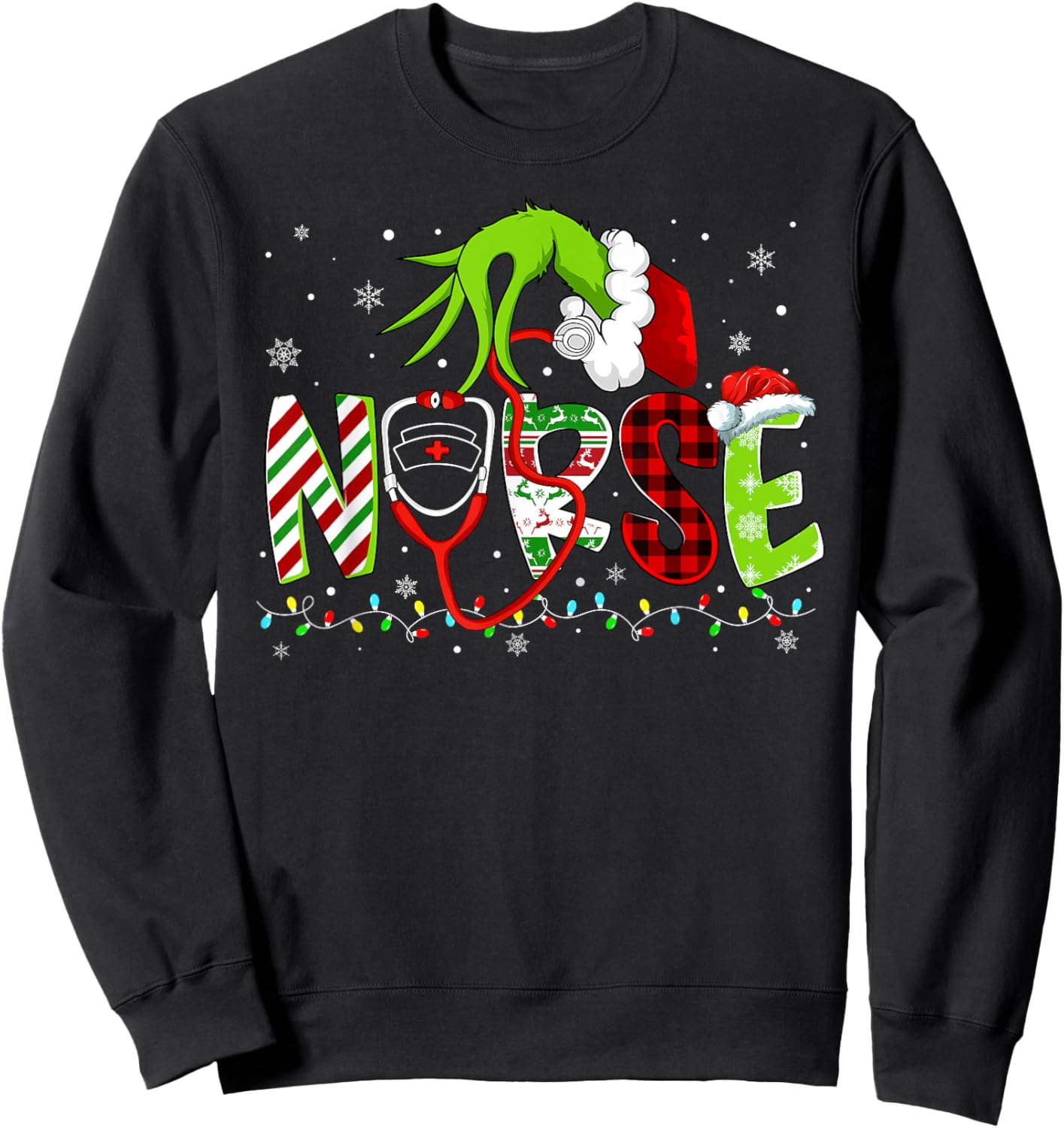 Nurse Funny Merry Christmas Stethoscope Lights Xmas Pajamas Sweatshirt - Sweatshirt | Black