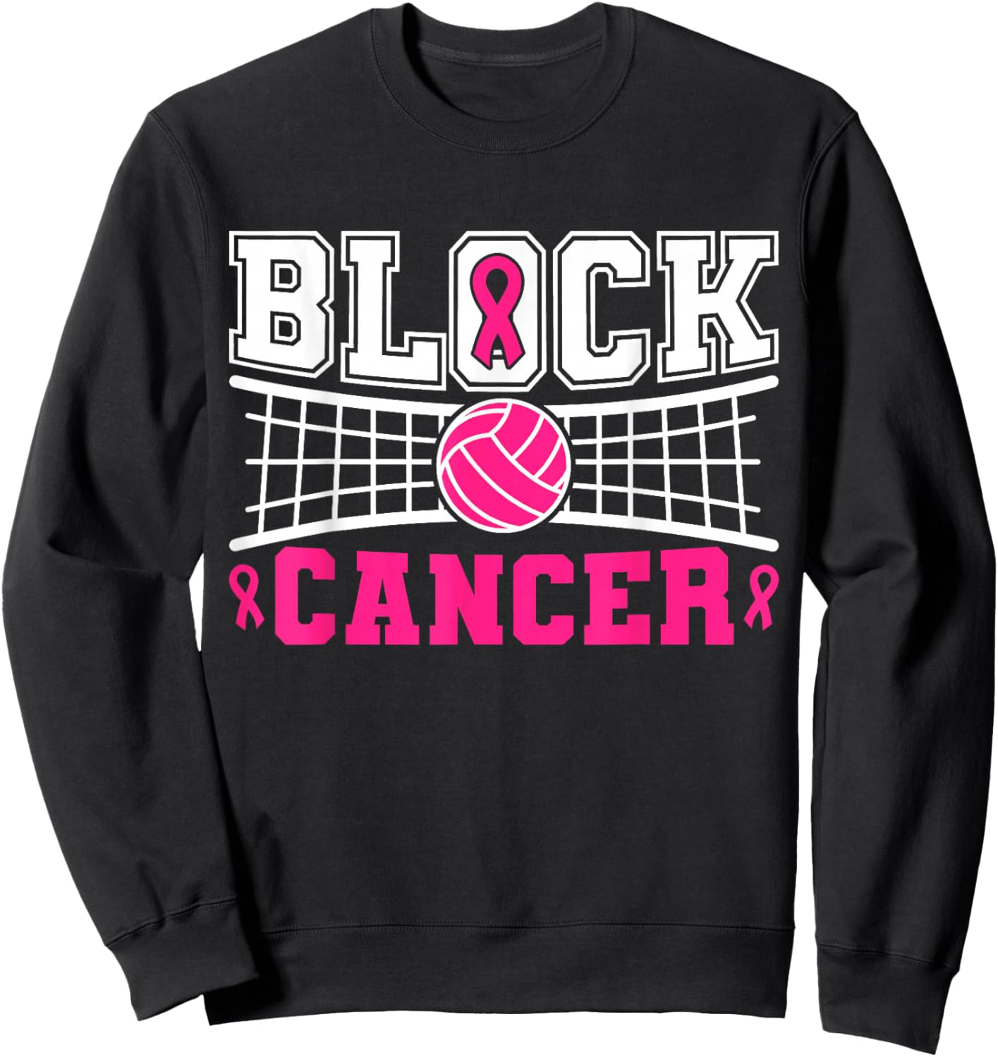Pink Ribbon Block Cancer Volleyball Breast Cancer Awareness Sweatshirt - Sweatshirt | Black