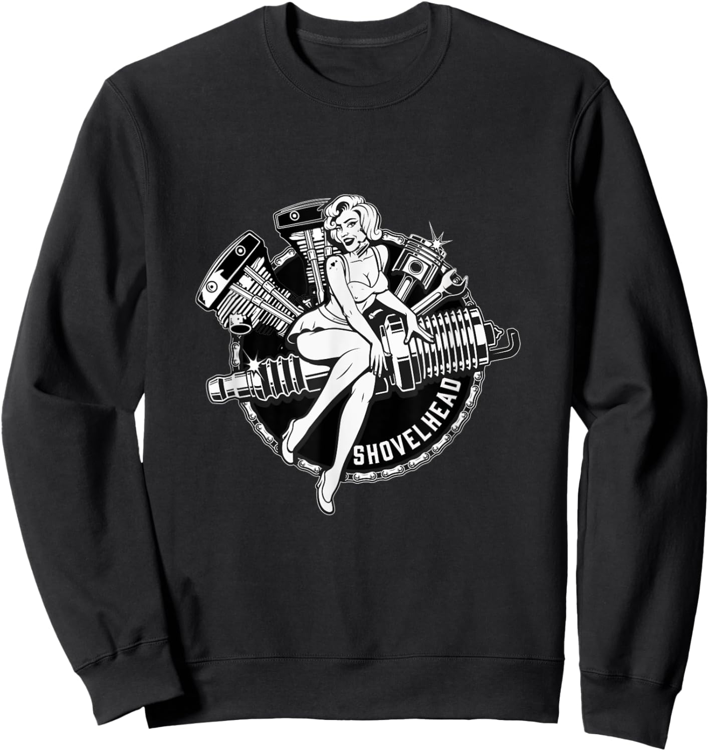 Vintage HD Motorcycle VTwin ShovelHead Engine Pin Up Retro Sweatshirt - Sweatshirt | Black