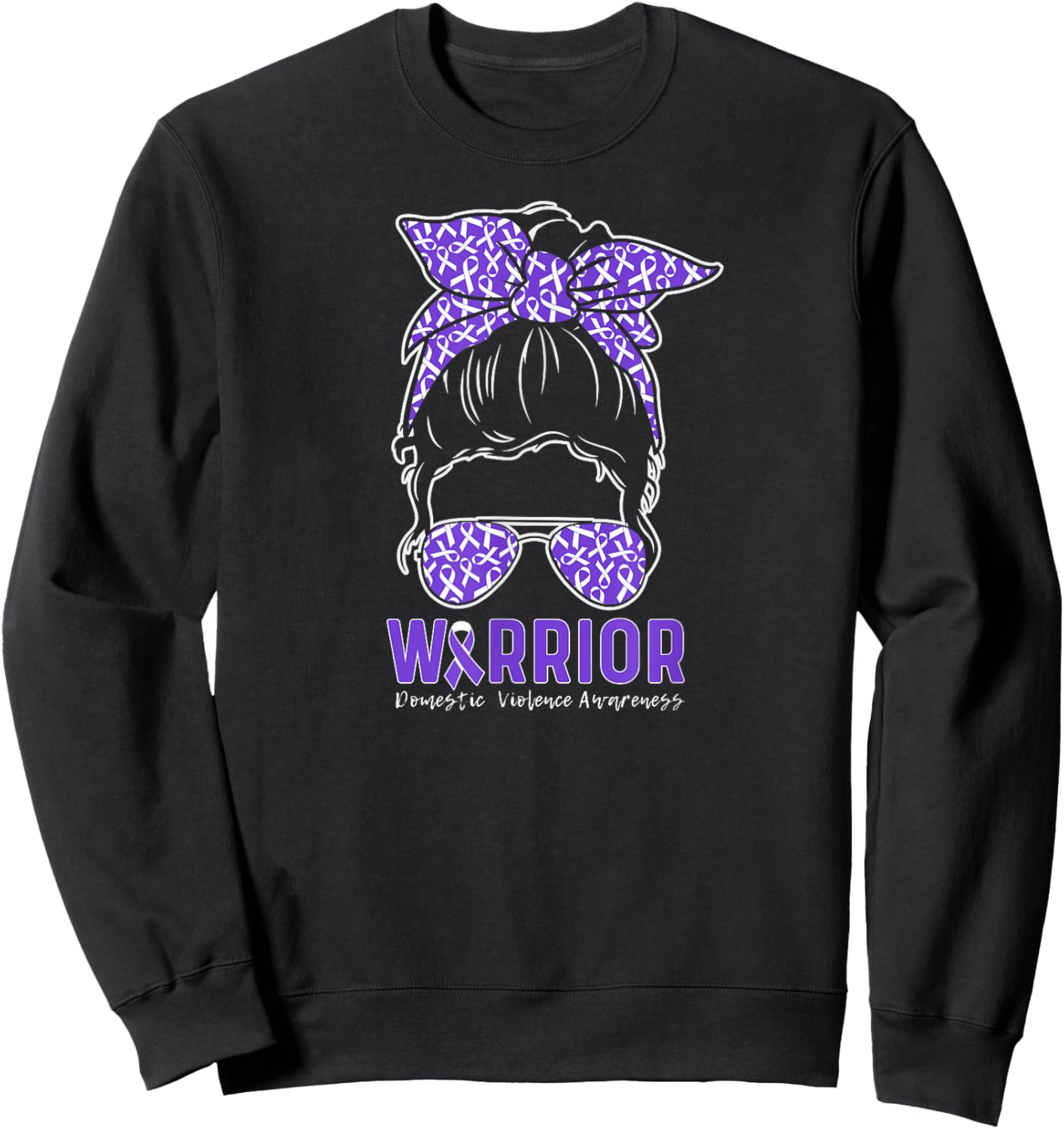 Warrior Messy Bun Women Girls Domestic Violence Awareness Sweatshirt - Sweatshirt | Black
