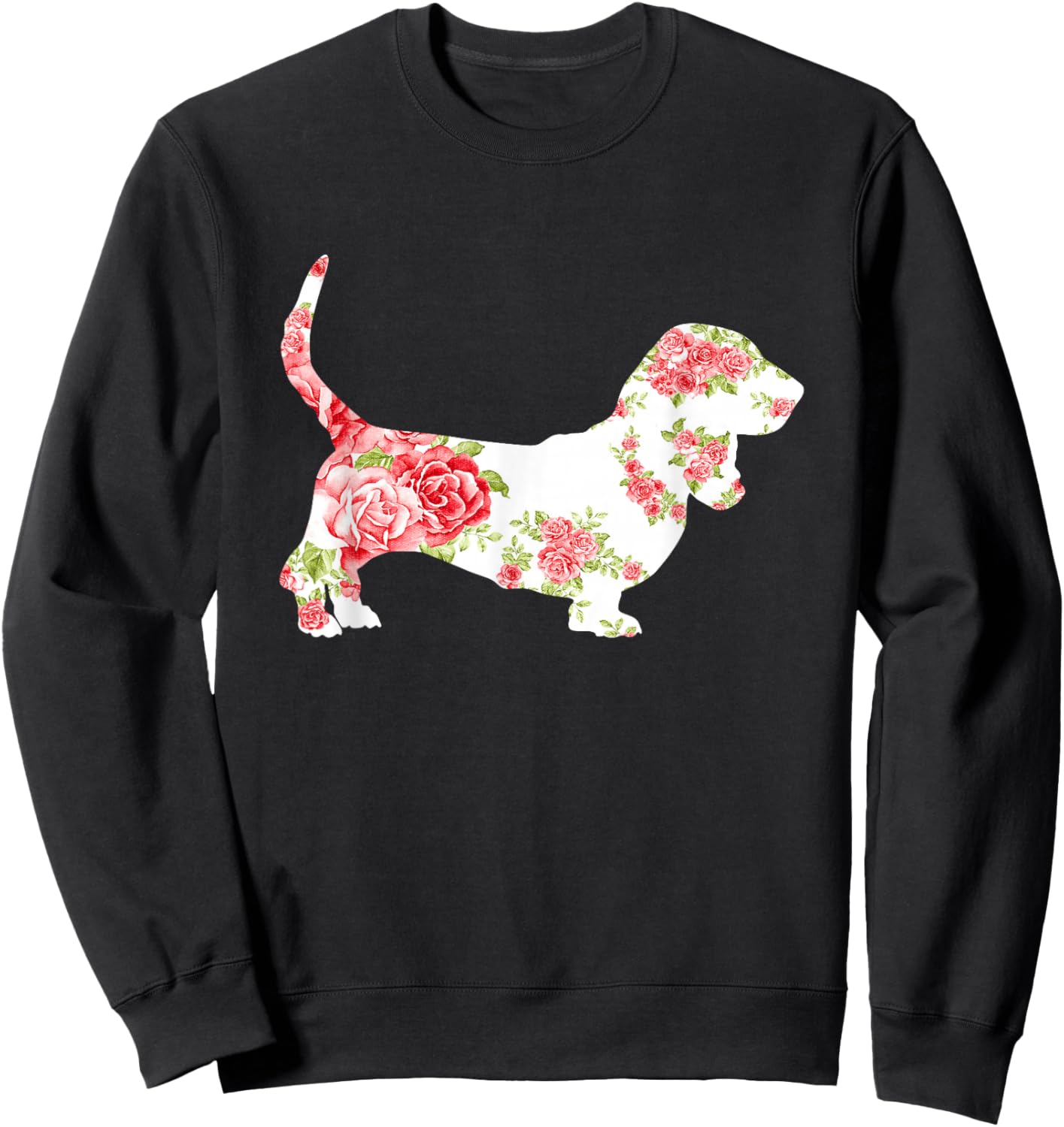Basset Hound Flower Funny Dog Silhouette Floral Women Men Sweatshirt - Sweatshirt | Black