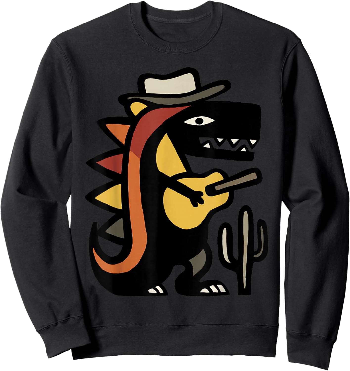 Western Dinosaur Playing Guitar Cartoon Sweatshirt - Sweatshirt | Black