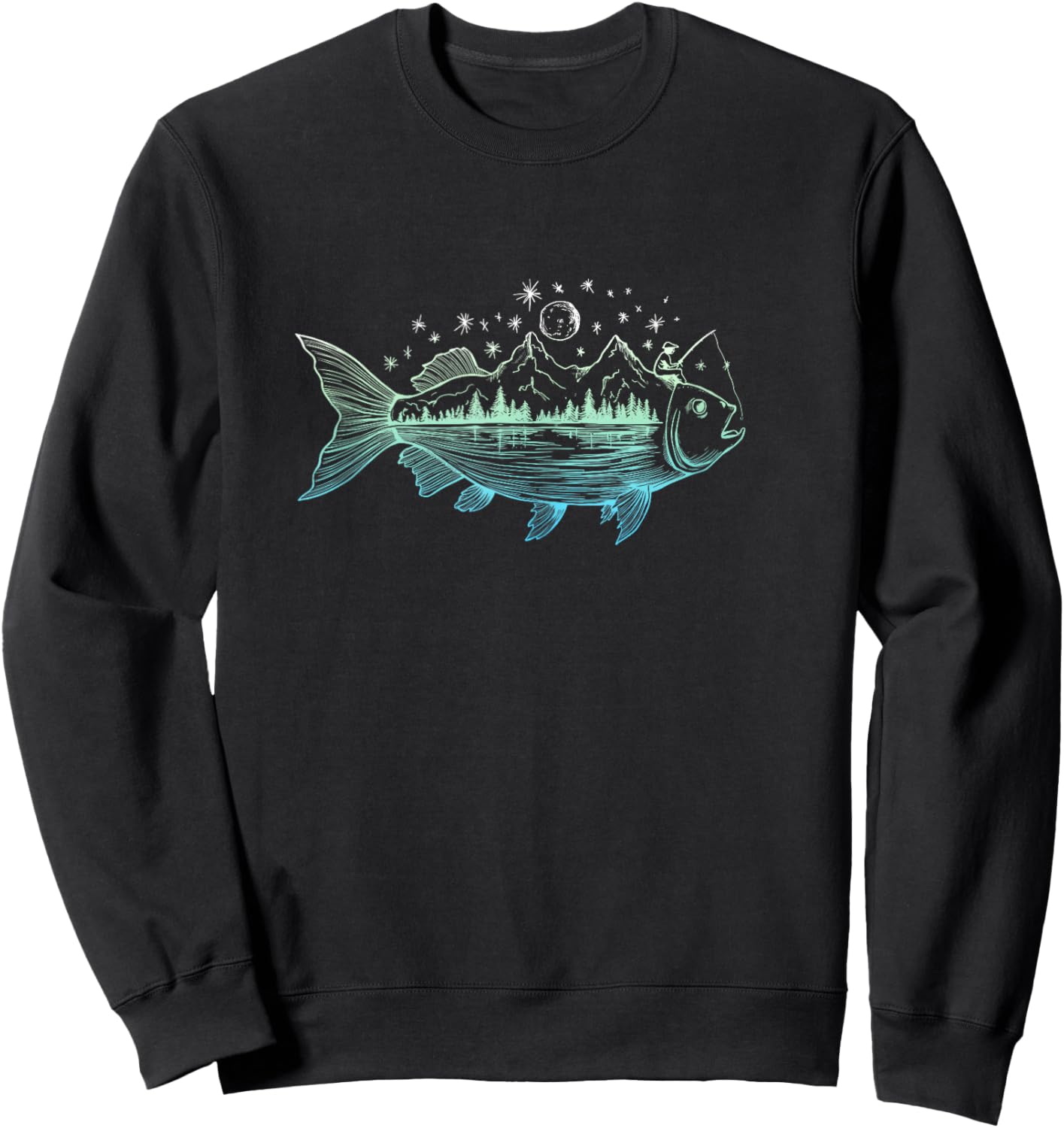Cool Fish Shaped from Mountains Nature Scene Fishing Sweatshirt - Sweatshirt | Black