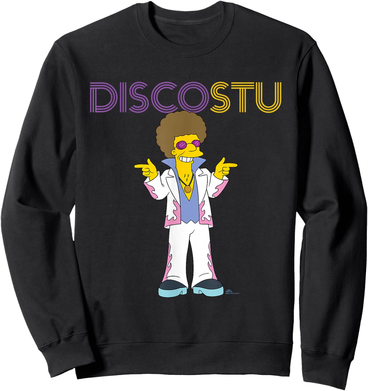 The Simpsons Disco Stu - -Adults & Kids - Black - Small - Short Sleeve - Crew Collar - Neon Name in Lights Design Sweatshirt - Sweatshirt | Black