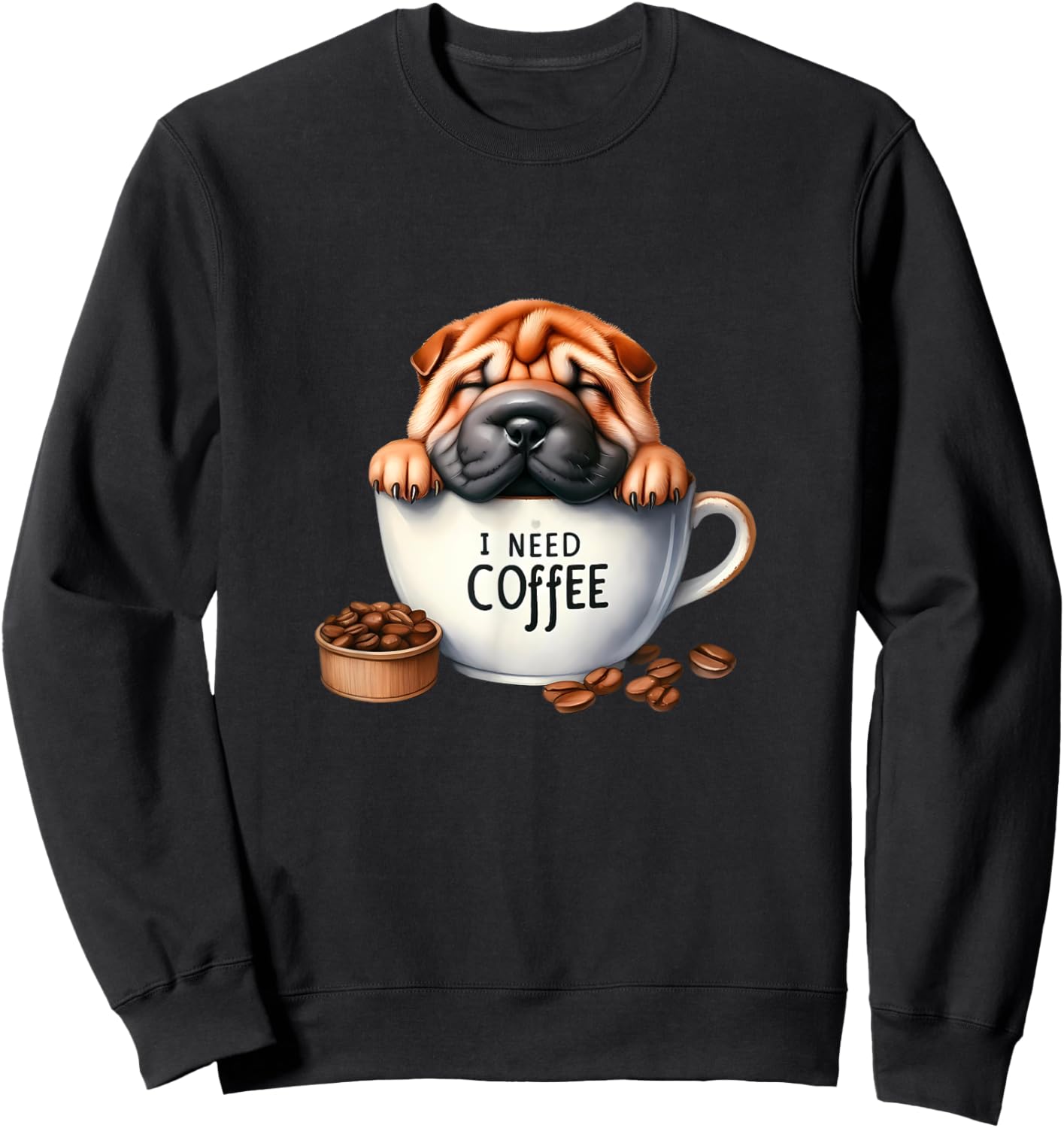 Shar Pei Wrinkly Pup Coffee Vibes Caffeine Sweatshirt - Sweatshirt | Black