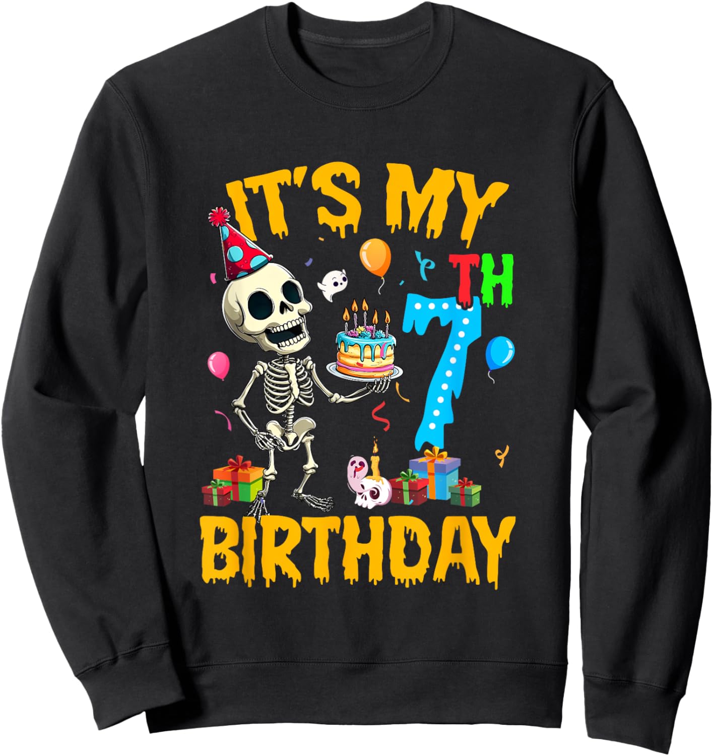 It's My 7Th Birthday Party Halloween Skeleton Birthday Kids Sweatshirt - Sweatshirt | Black