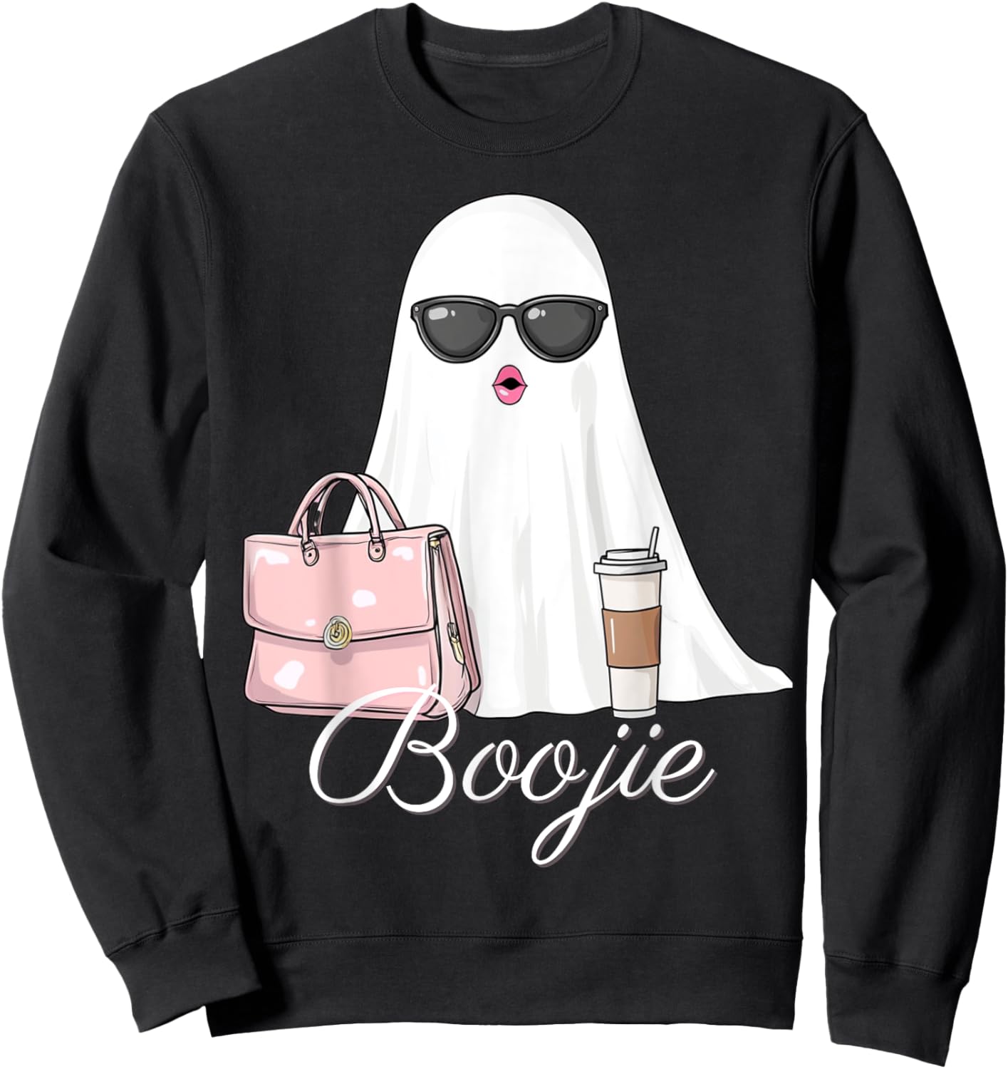 Boujee Boojie Funny Halloween Ghost with Pink Purse Lipstick Sweatshirt - Sweatshirt | Black