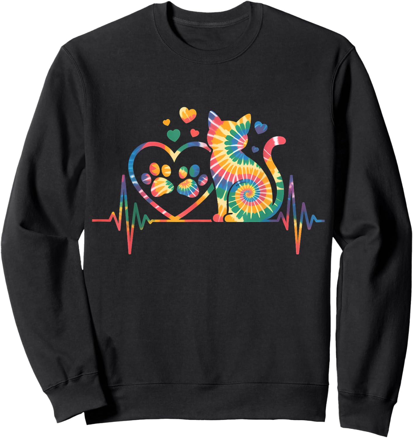 Cat Tie Dye Colorful Heartbeat EKG Pulse Sweatshirt - Sweatshirt | Black
