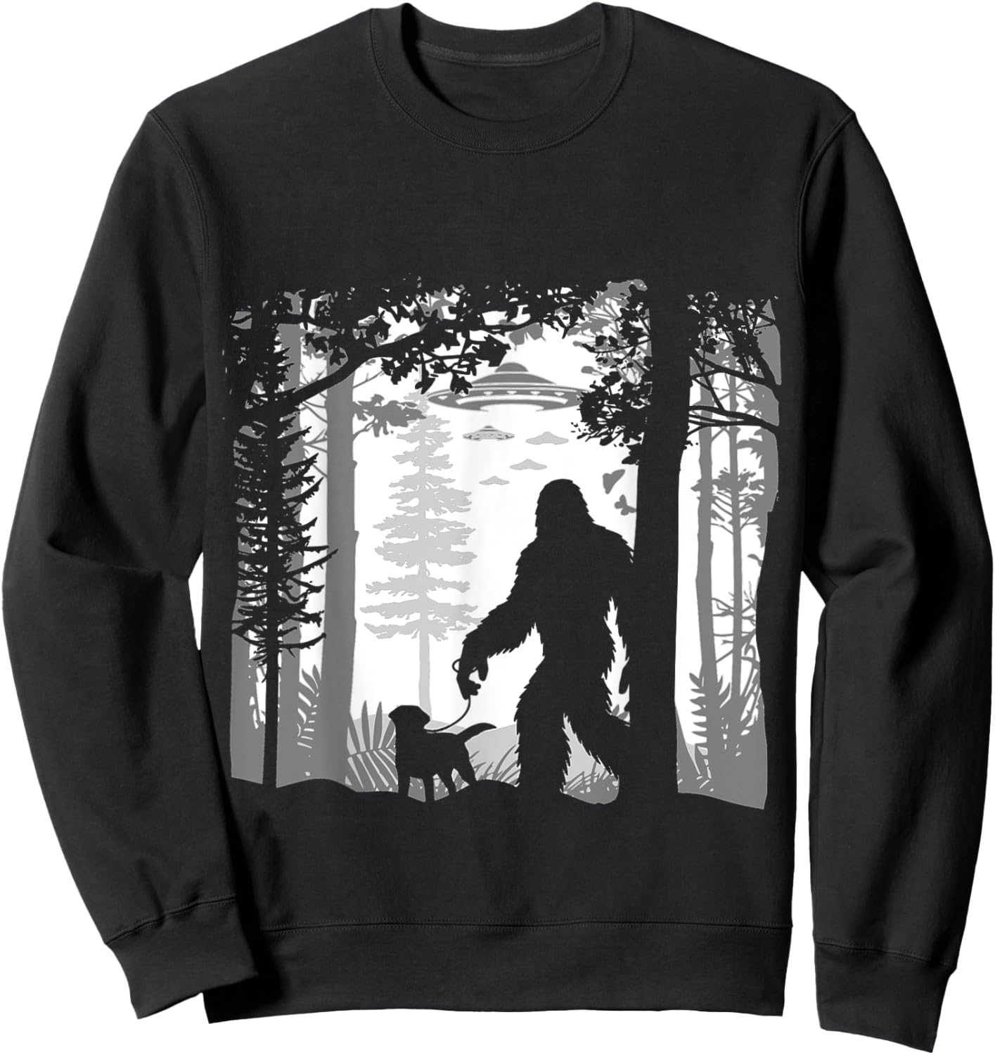 Funny Sasquatch Bigfoot Walking Dog In Woods With Alien Ufos Sweatshirt - Sweatshirt | Black