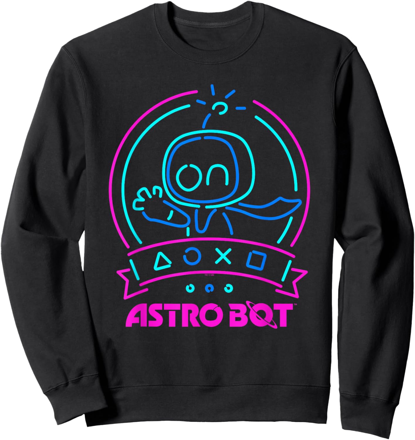 Astro Bot Neon Waving Character with Icons Video Game Sweatshirt - Sweatshirt | Black