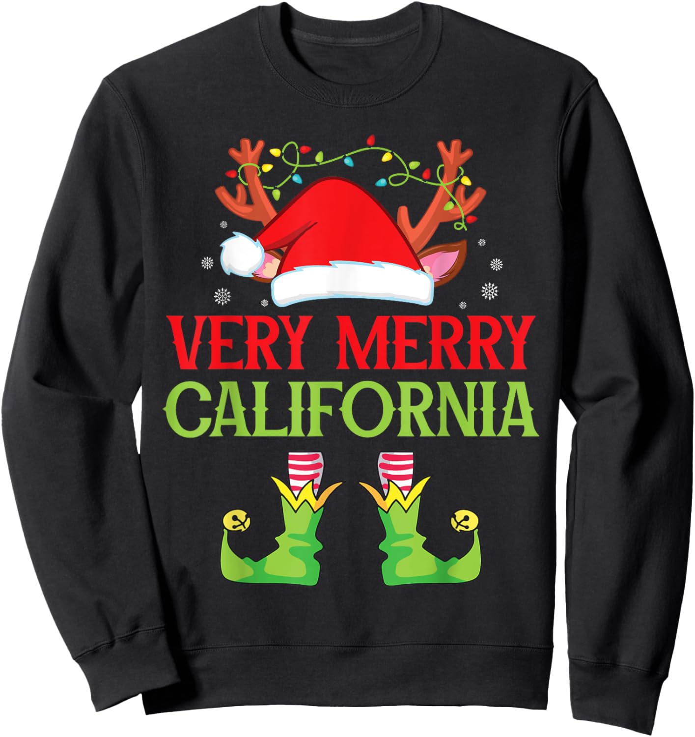 Festive Christmas Elf & Santa Claus Very Merry in CALIFORNIA Sweatshirt - Sweatshirt | Black