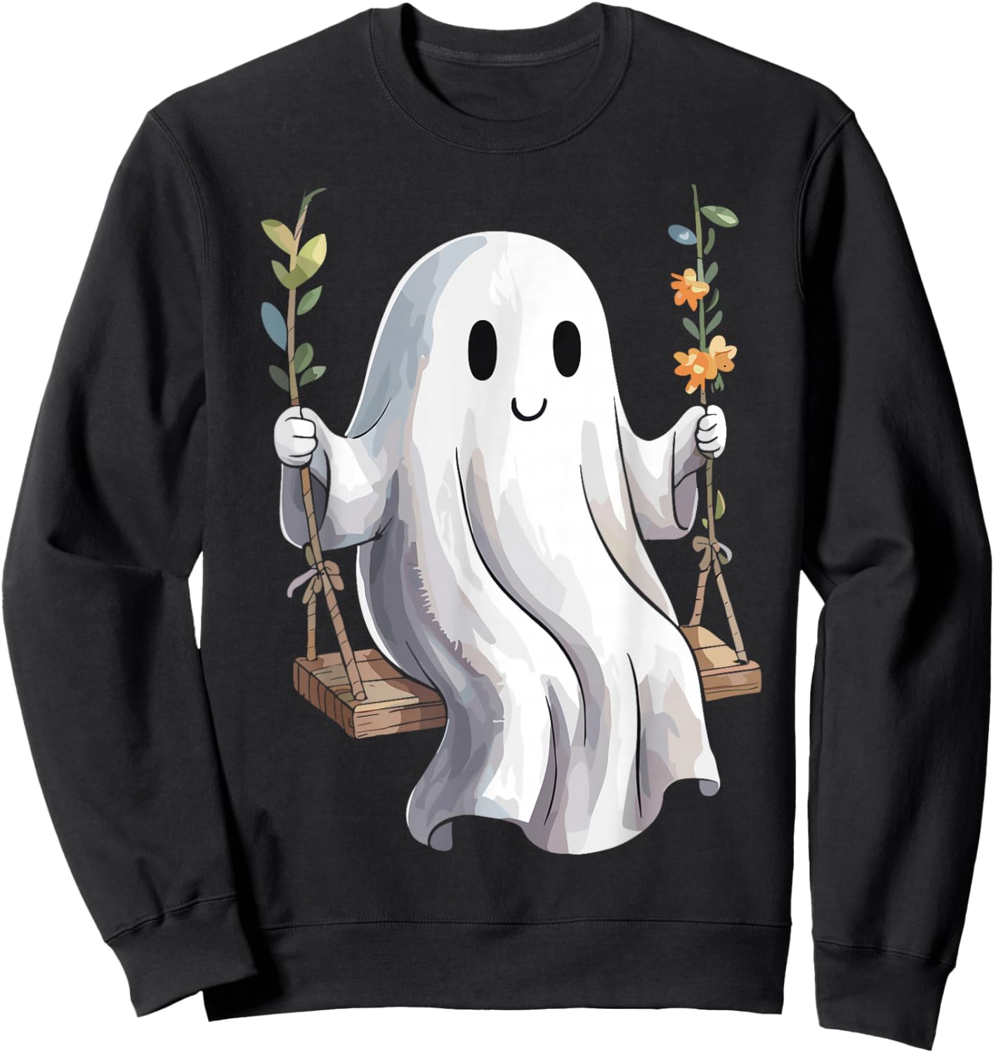 Halloween Ghost On Swing Autumn Flowers Cute Spooky Sweatshirt - Sweatshirt | Black