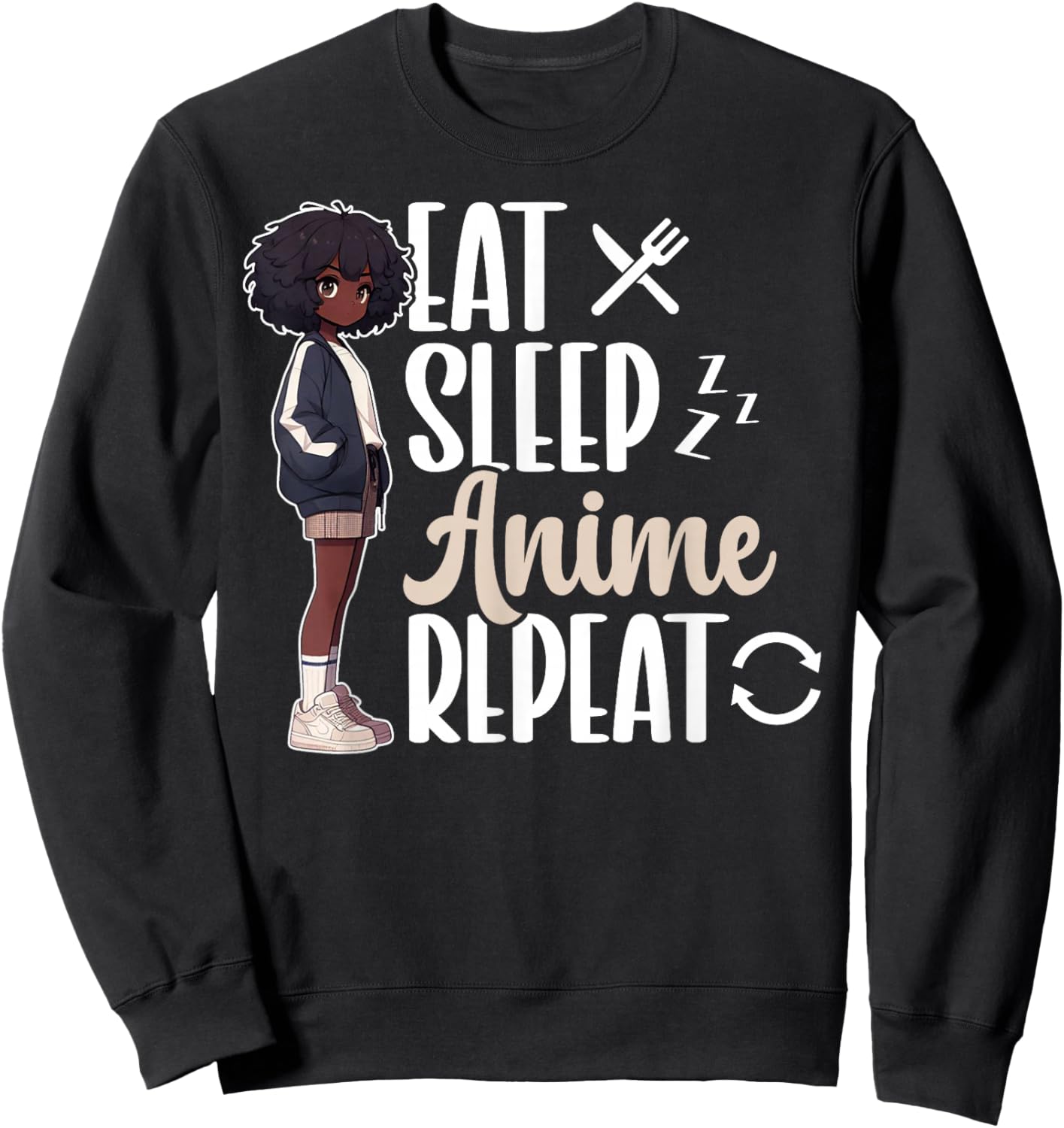 Eat Sleep Anime Repeat African American Afro Anime Merch Sweatshirt - Sweatshirt | Black