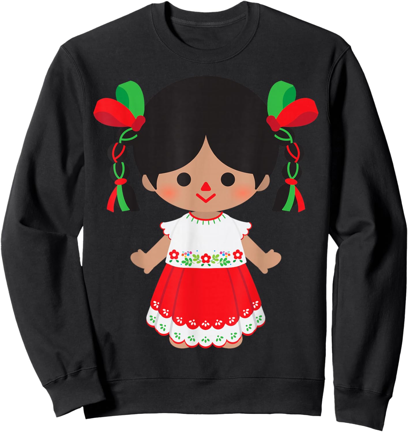 Traditional Mexican Handmade Maria Rag Dolls Mexicana Otomi Sweatshirt - Sweatshirt | Black