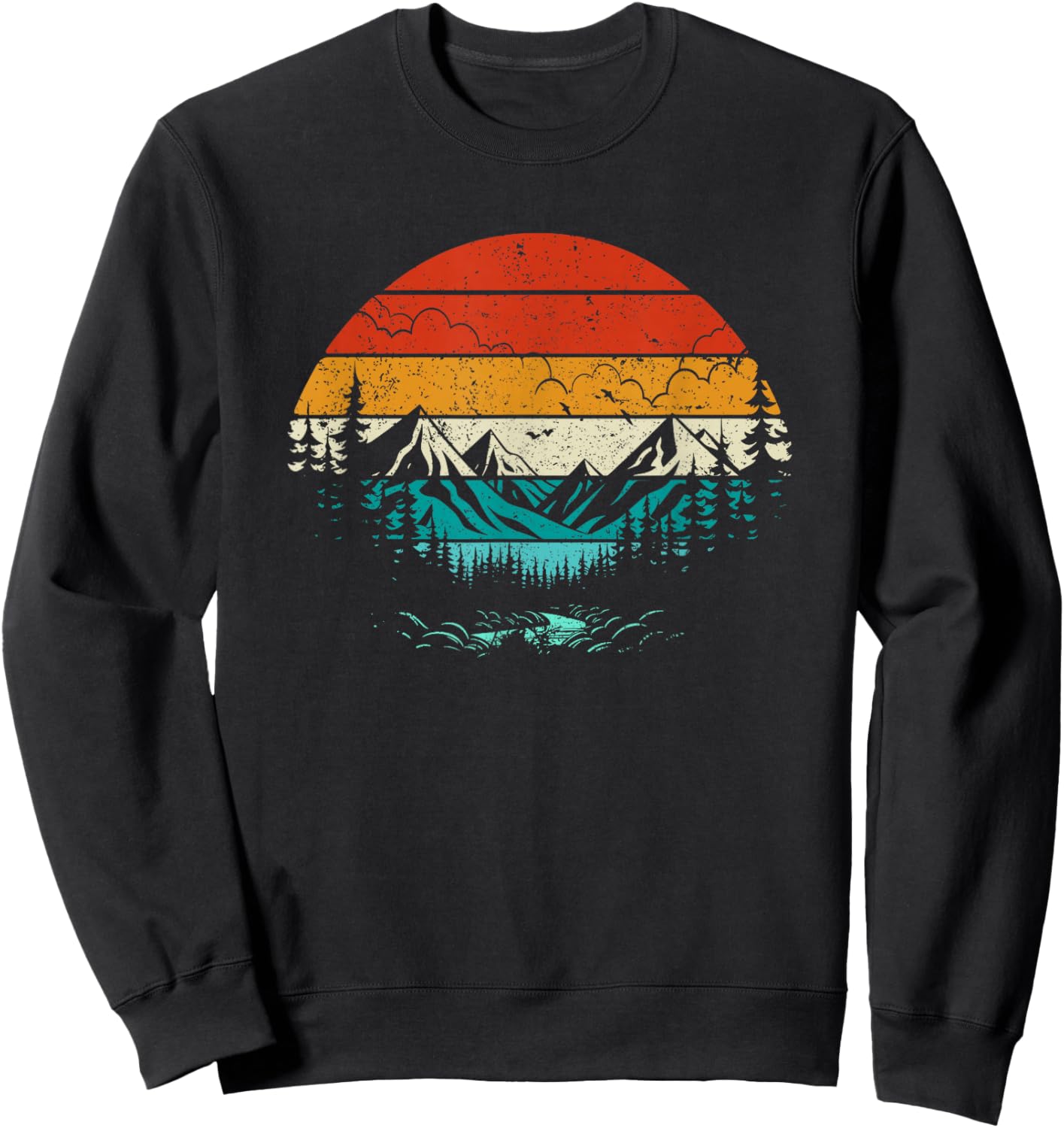 Retro Sunset Mountain Forest Camping Nature Outdoors Hiking Sweatshirt - Sweatshirt | Black
