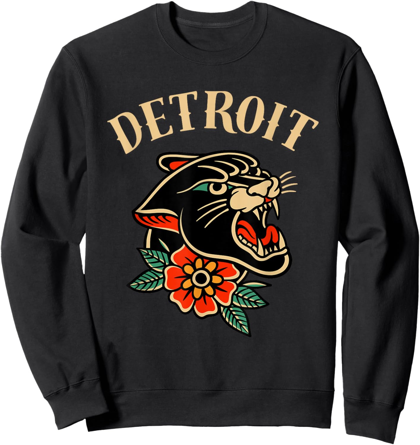 Detroit Retro Ink Panther Rose - Vintage Tattoo Style Design Sweatshirt - Sweatshirt | Black