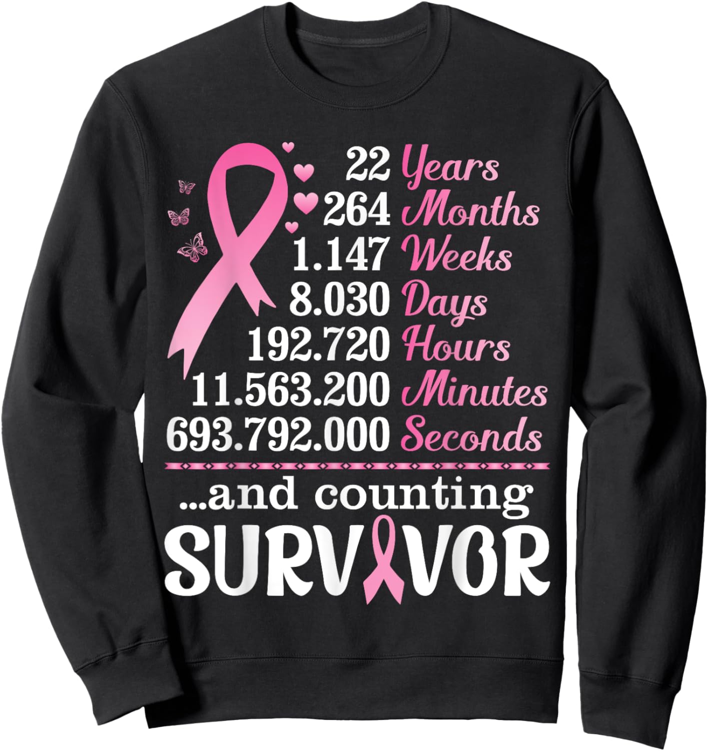 22 Years 264 Months Fighting Breast Cancer Counting Survivor Sweatshirt - Sweatshirt | Black