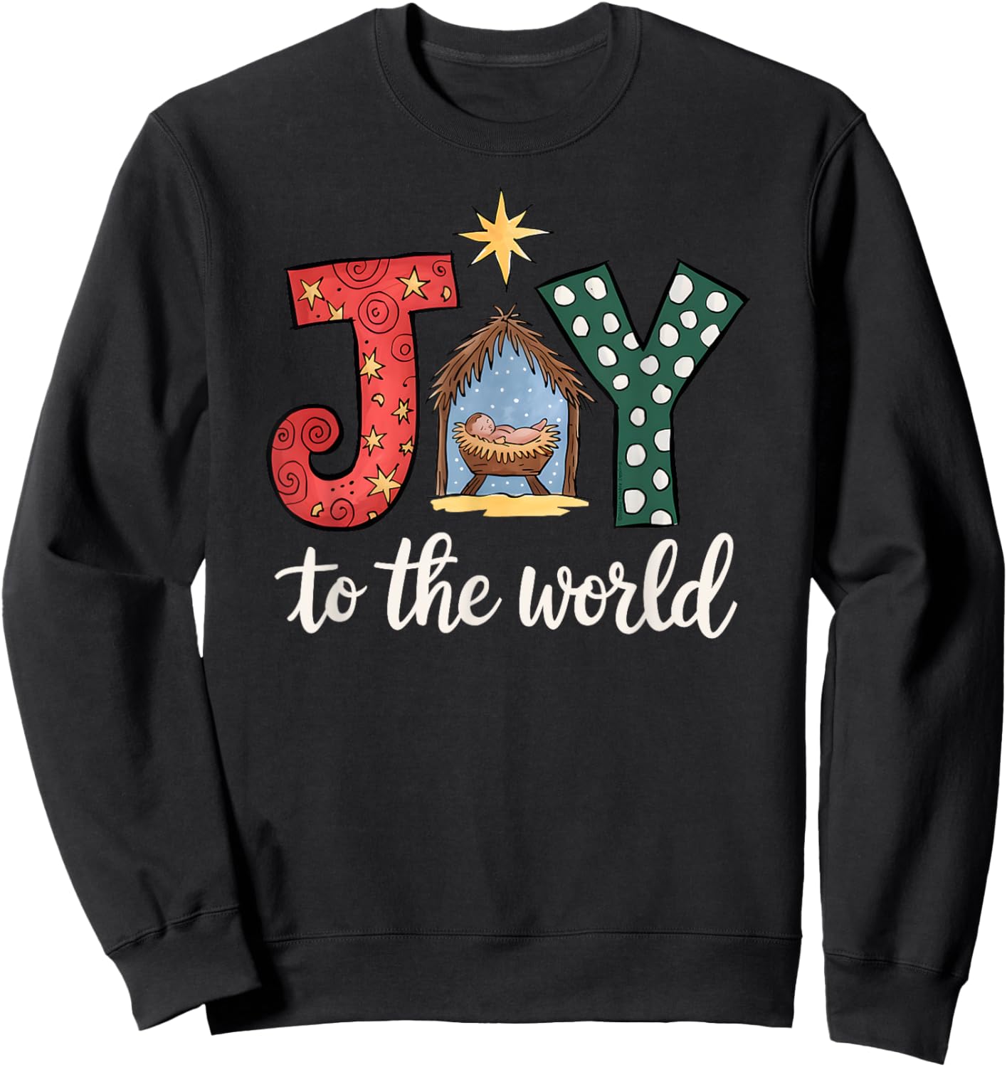 Dibble Dabble Designs Christmas Nativity - -Adults & Kids - Black - Small - Short Sleeve - Modern Artistic - JOY to the World with Jesus in the Manger Sweatshirt - Sweatshirt | Black
