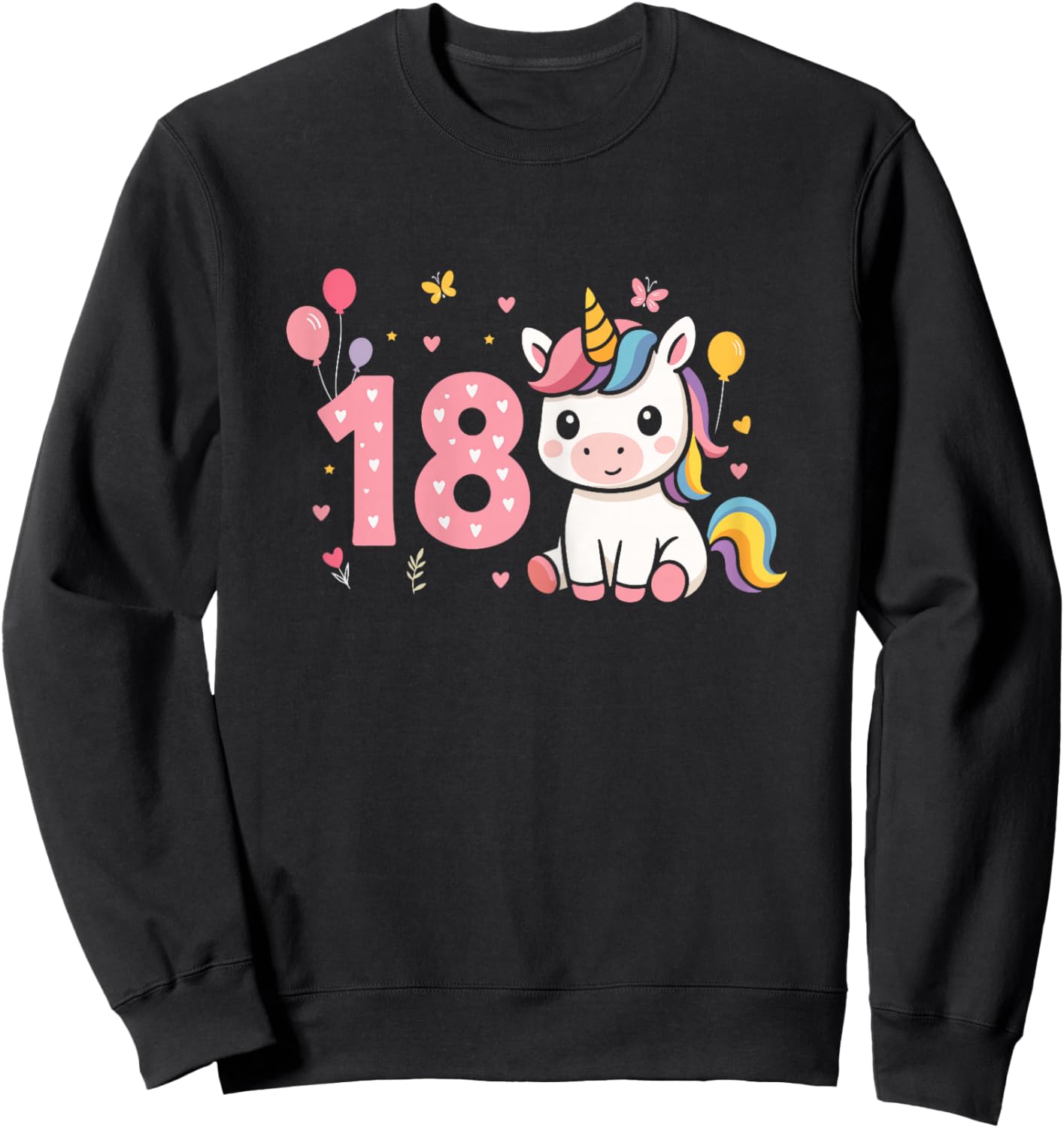 18th Birthday Cute Unicorn Balloon Girl 18 Years Old Sweatshirt - Sweatshirt | Black