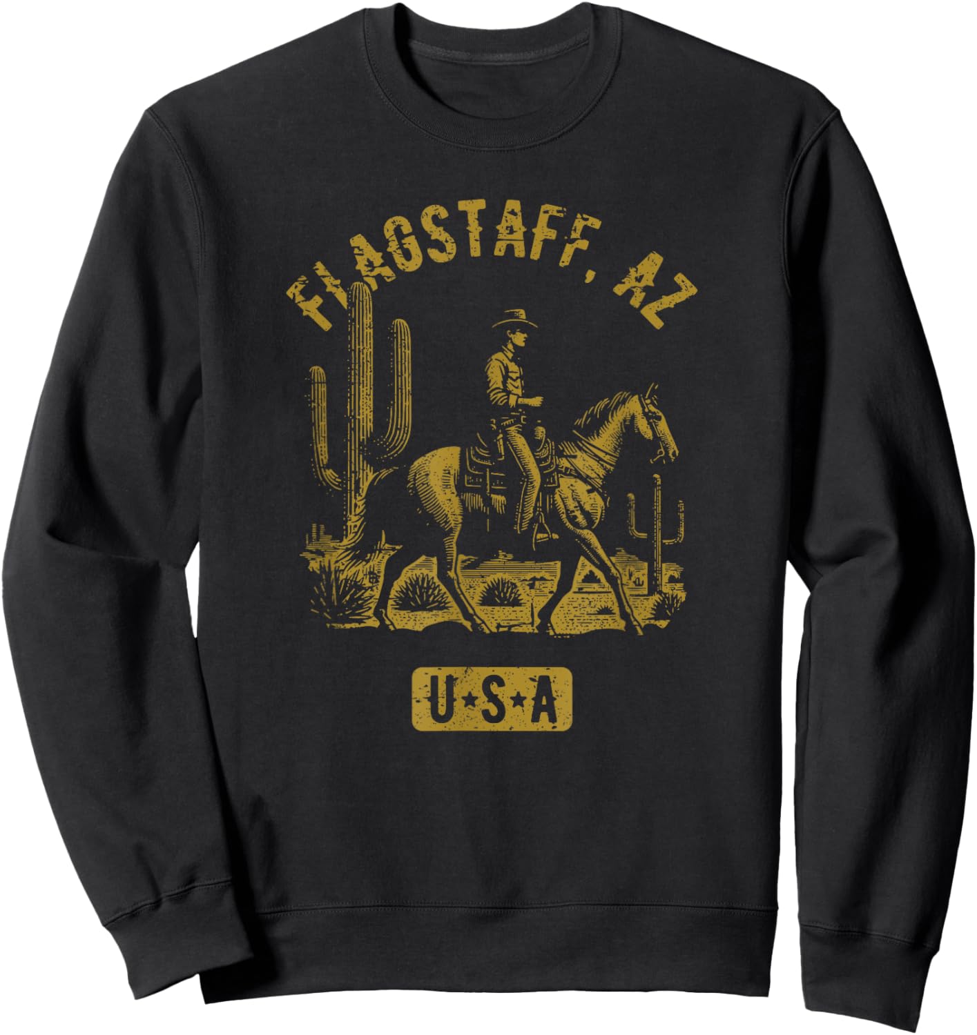 Flagstaff AZ USA Cowboy Horse Distressed Style Design Sweatshirt - Sweatshirt | Black