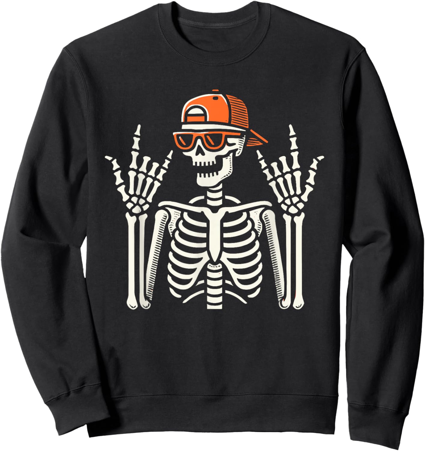 Rocker Skeleton With Cap, Halloween, Men, Rock Hand, Skater Sweatshirt - Sweatshirt | Black