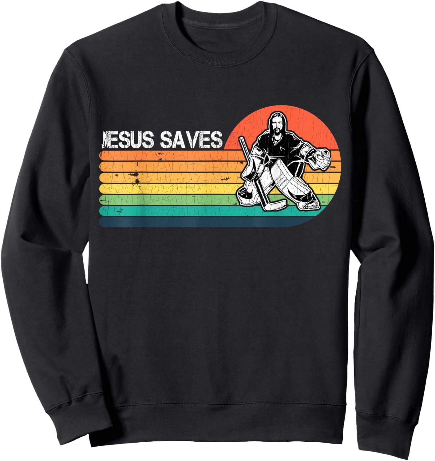 Vintage Retro Sunset Jesus Saves Hockey Player Jesus Lover Sweatshirt - Sweatshirt | Black