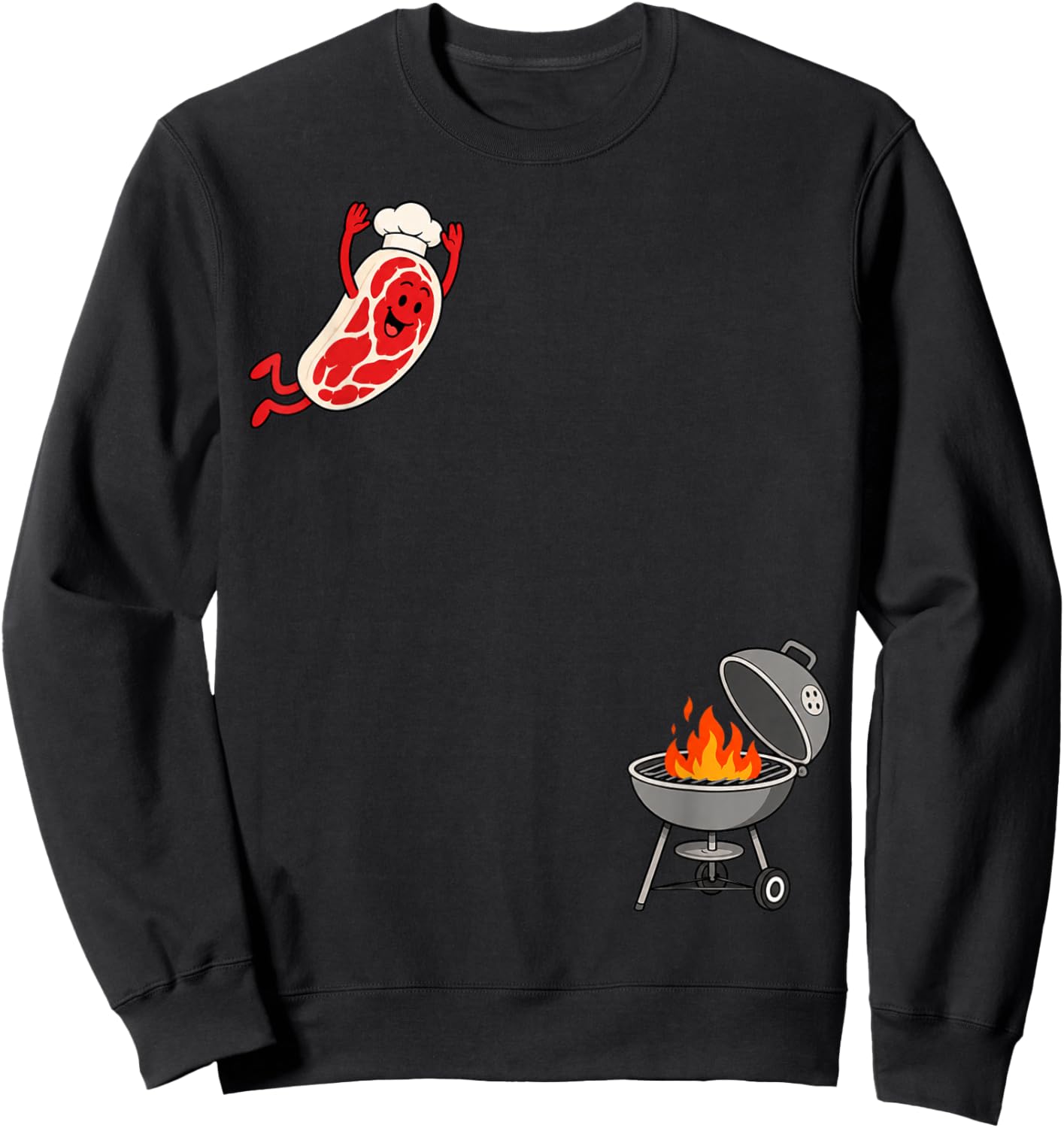 Funny Chef Steak Jumping Into BBQ Grill Cartoon Sweatshirt - Sweatshirt | Black