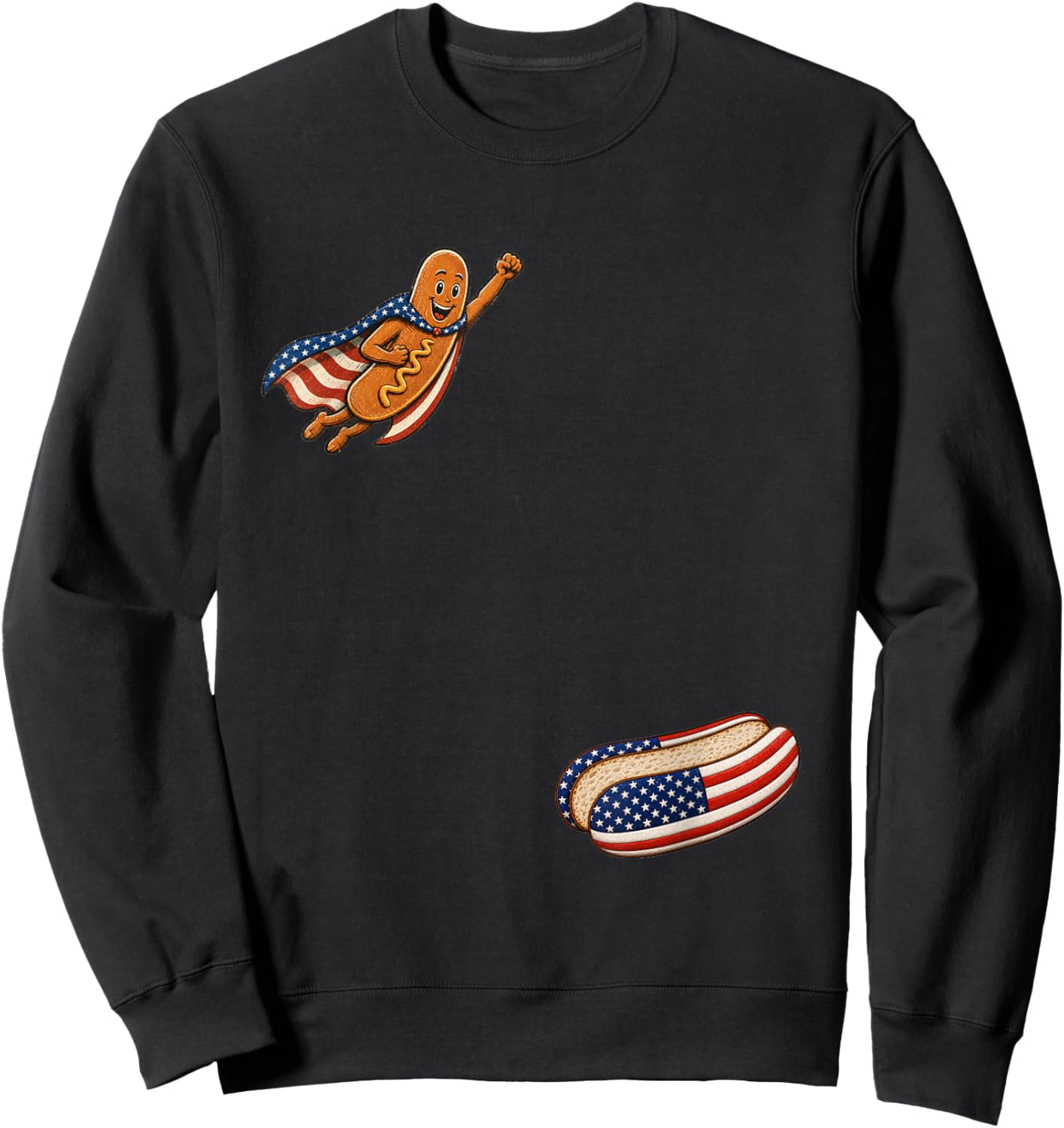 Funny 4th of July Patriotic Hot-Dog BBQ Flying into Bun 250 Sweatshirt - Sweatshirt | Black