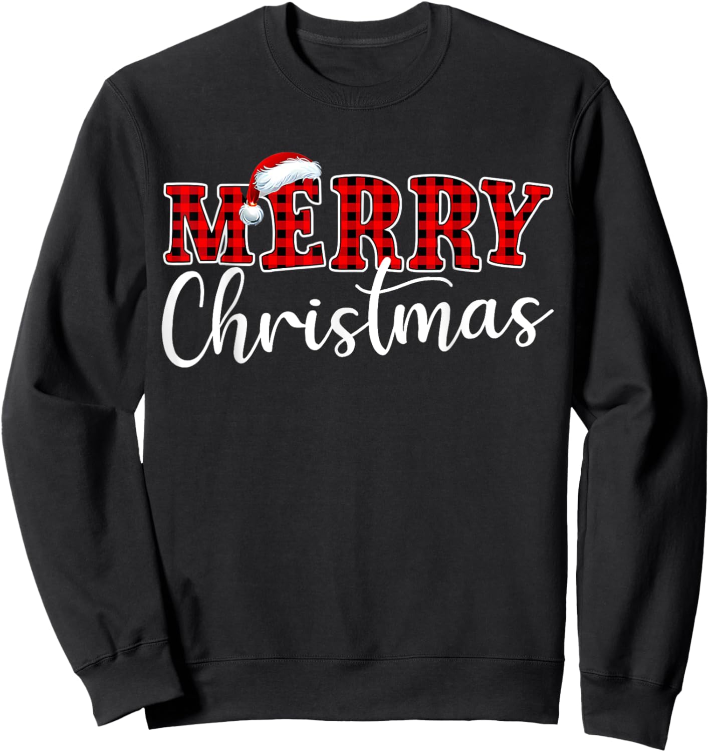 Merry Christmas Buffalo Plaid Red Santa Hat Xmas Pajamas Sweatshirt - Sweatshirt | Black