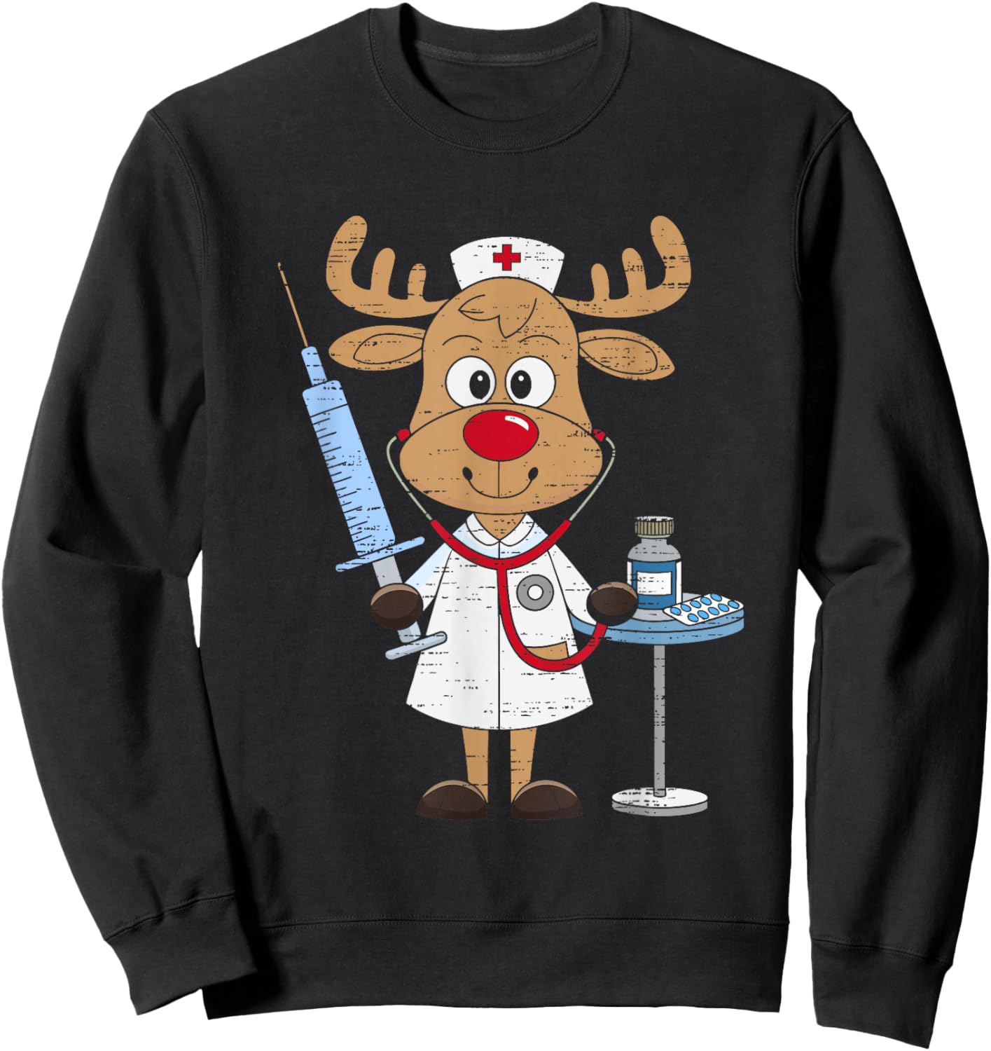 Reindeer Nurse Scrub Tops Christmas Stethoscope Nursing Xmas Sweatshirt - Sweatshirt | Black