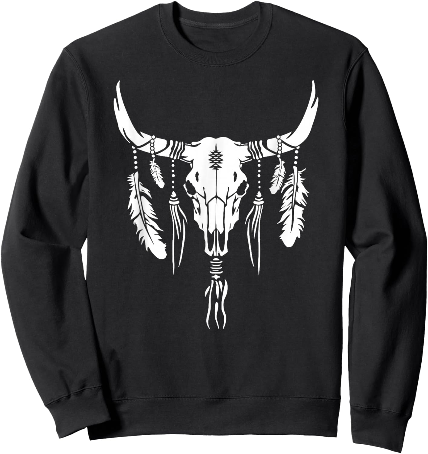 Boho Longhorn Bull Skull Design Cow Skull and Feathers Art Sweatshirt - Sweatshirt | Black