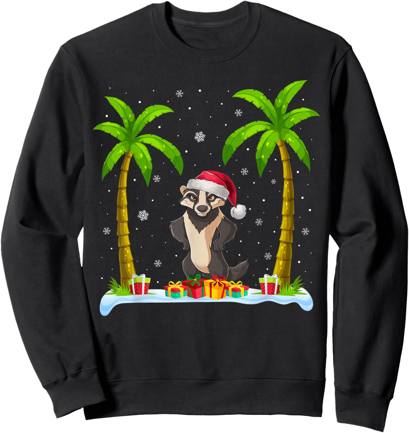 Honey Badger Santa Hat Palm Tree Beach Xmas Pajama Sweatshirt - Sweatshirt | Black