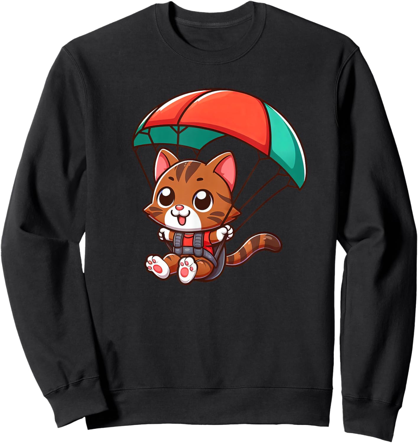 Brown Tabby Cat Skydiving Pet Funny Parachuting Sweatshirt - Sweatshirt | Black