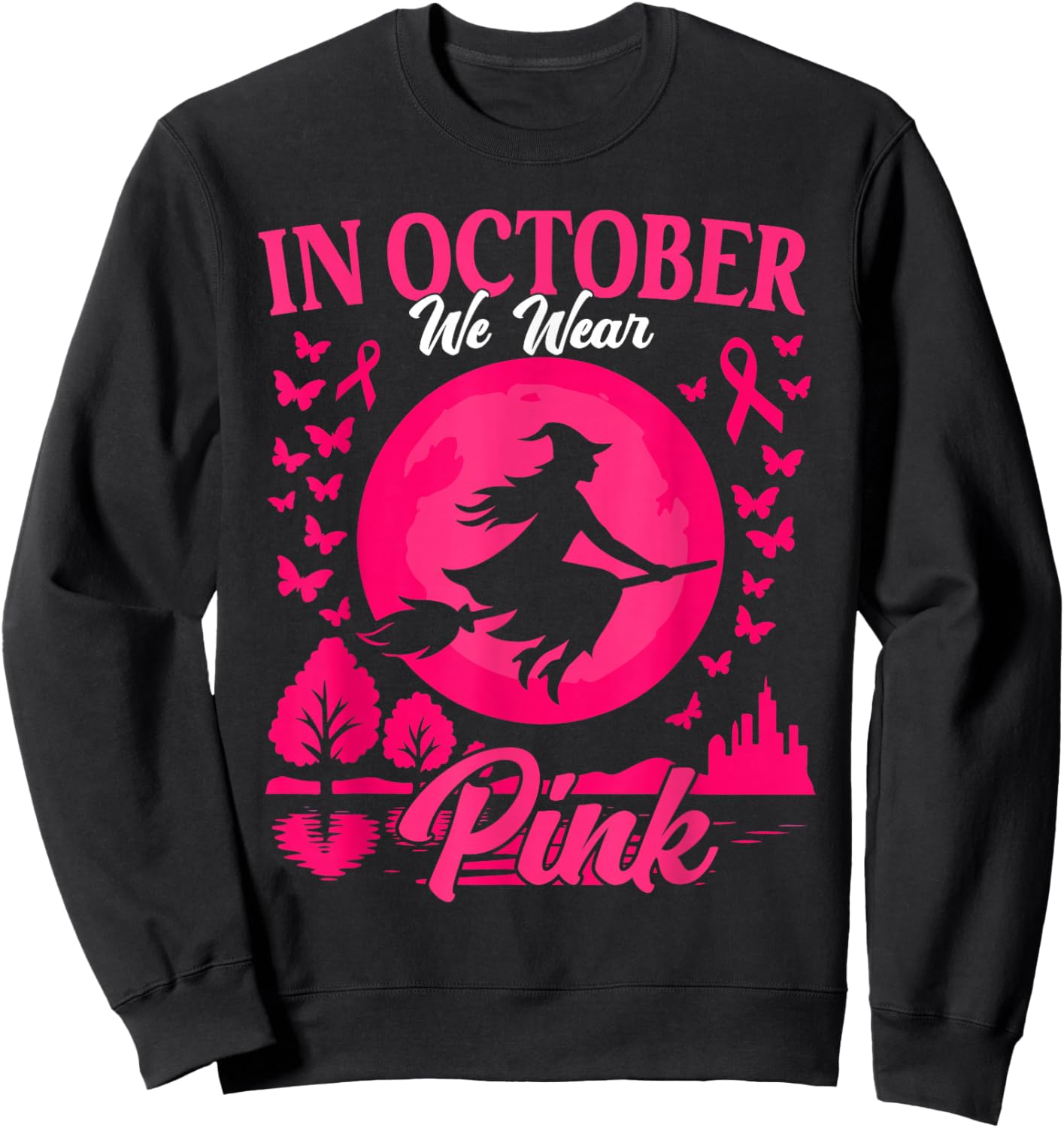 in October We Wear Pink Breast Cancer Women Halloween Girls Sweatshirt - Sweatshirt | Black