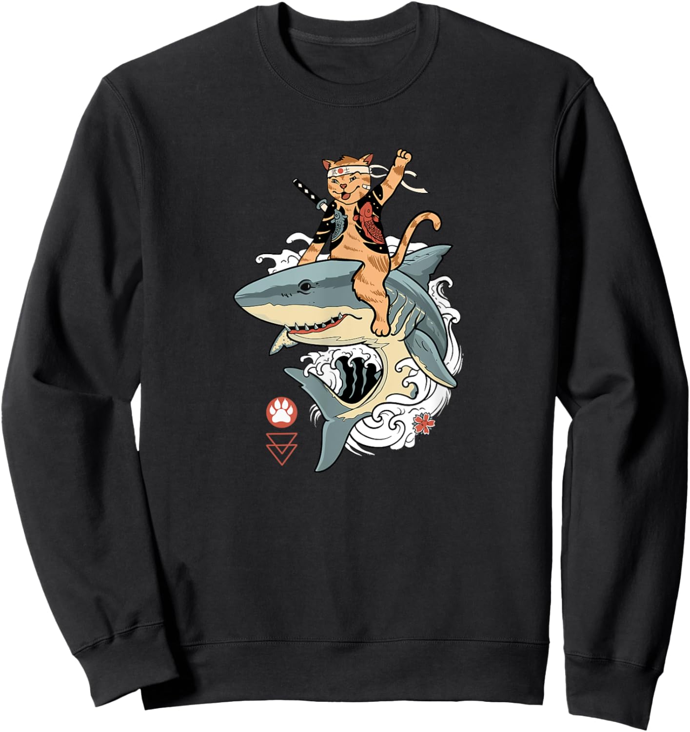 Samurai Cat Riding a Shark, Cat Warrior with Japanese Katana Men Women Sweatshirt - Sweatshirt | Black