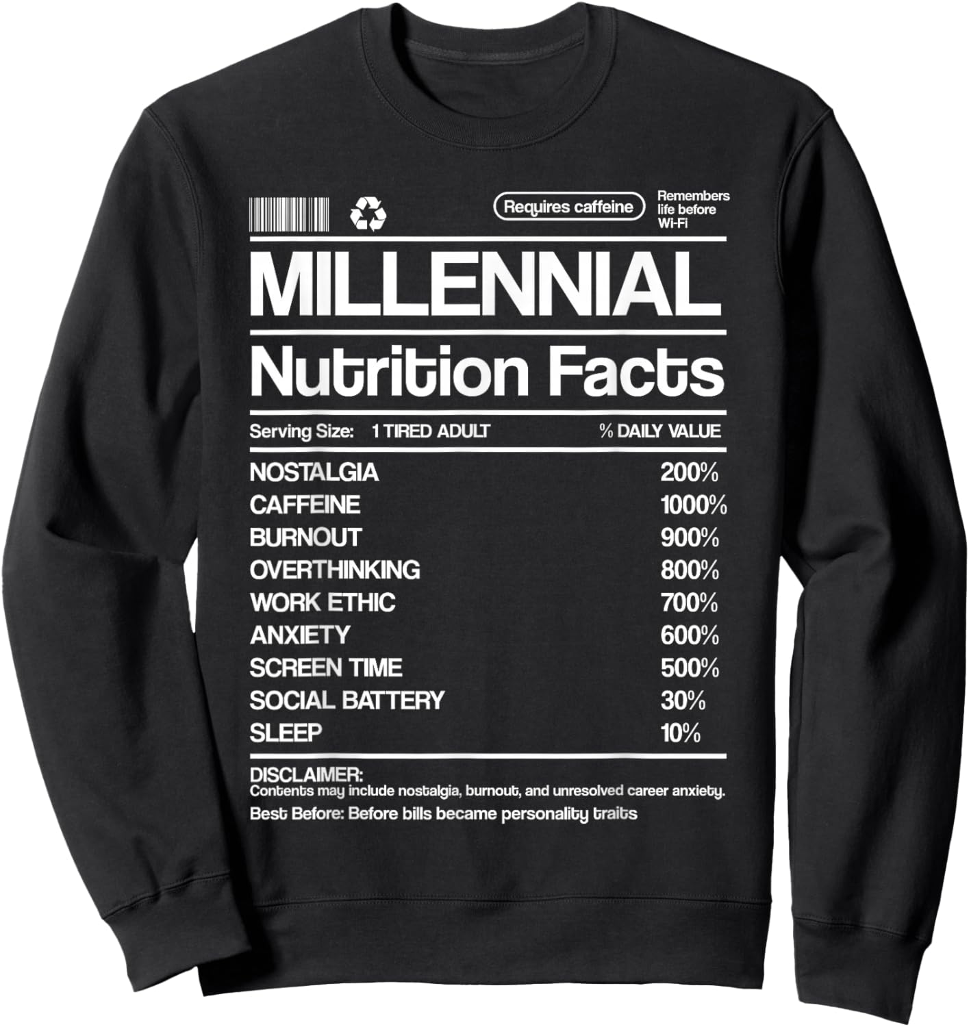 Millennial Nutrient Facts Humor Label Retro Parody Sweatshirt - Sweatshirt | Black