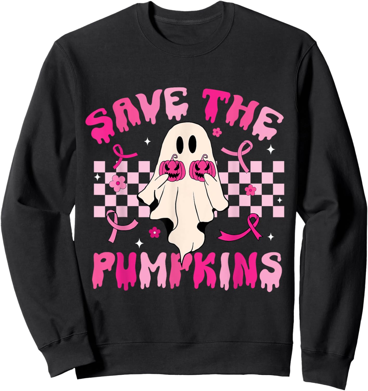 Rero Groovy Save The Pumpkins Ghost Breast Cancer Awareness Sweatshirt - Sweatshirt | Black