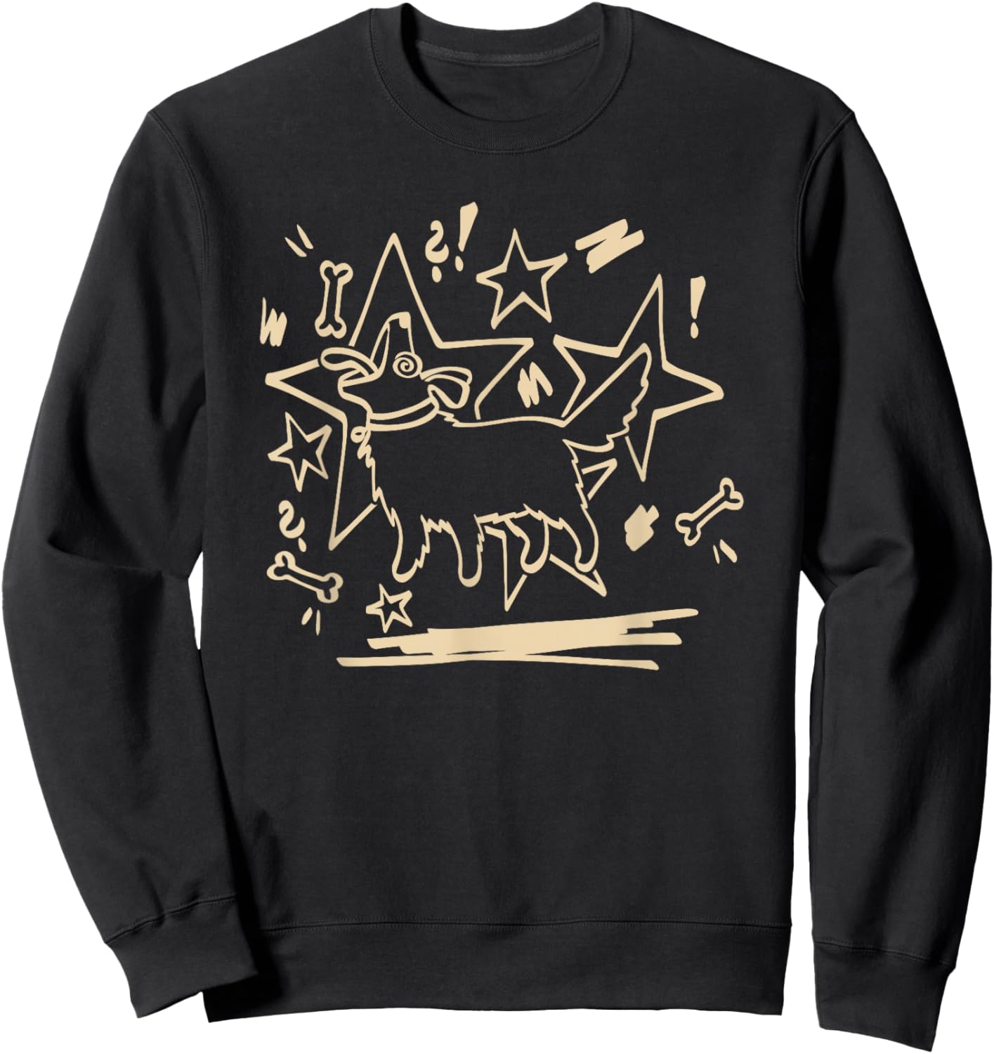Y2K 90s Cute Confused Mutt Dog Pooch with Stars and Bones Sweatshirt - Sweatshirt | Black