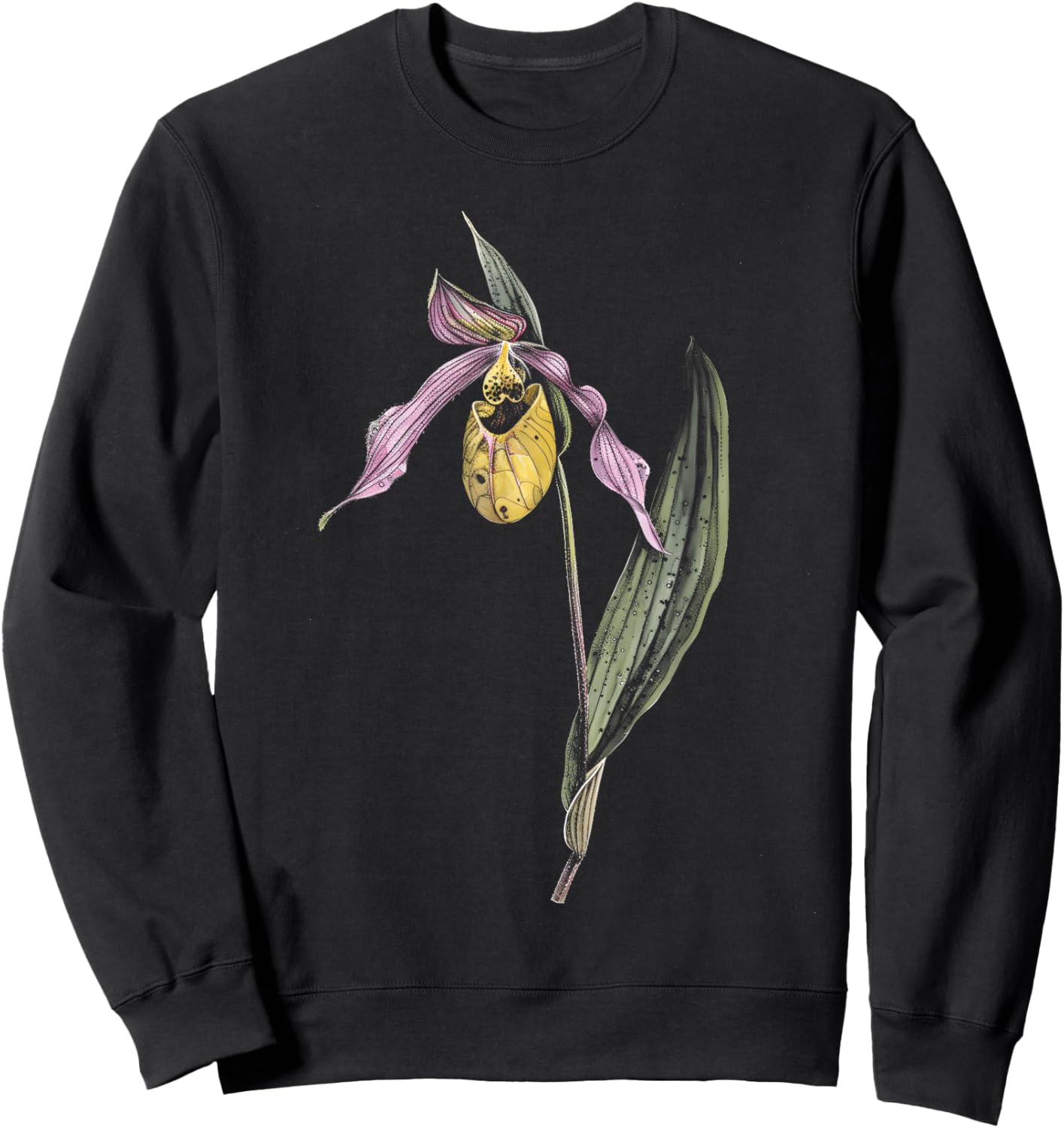Botanical Lady's Slipper Orchid Flower Girl Floral Plant Mom Sweatshirt - Sweatshirt | Black