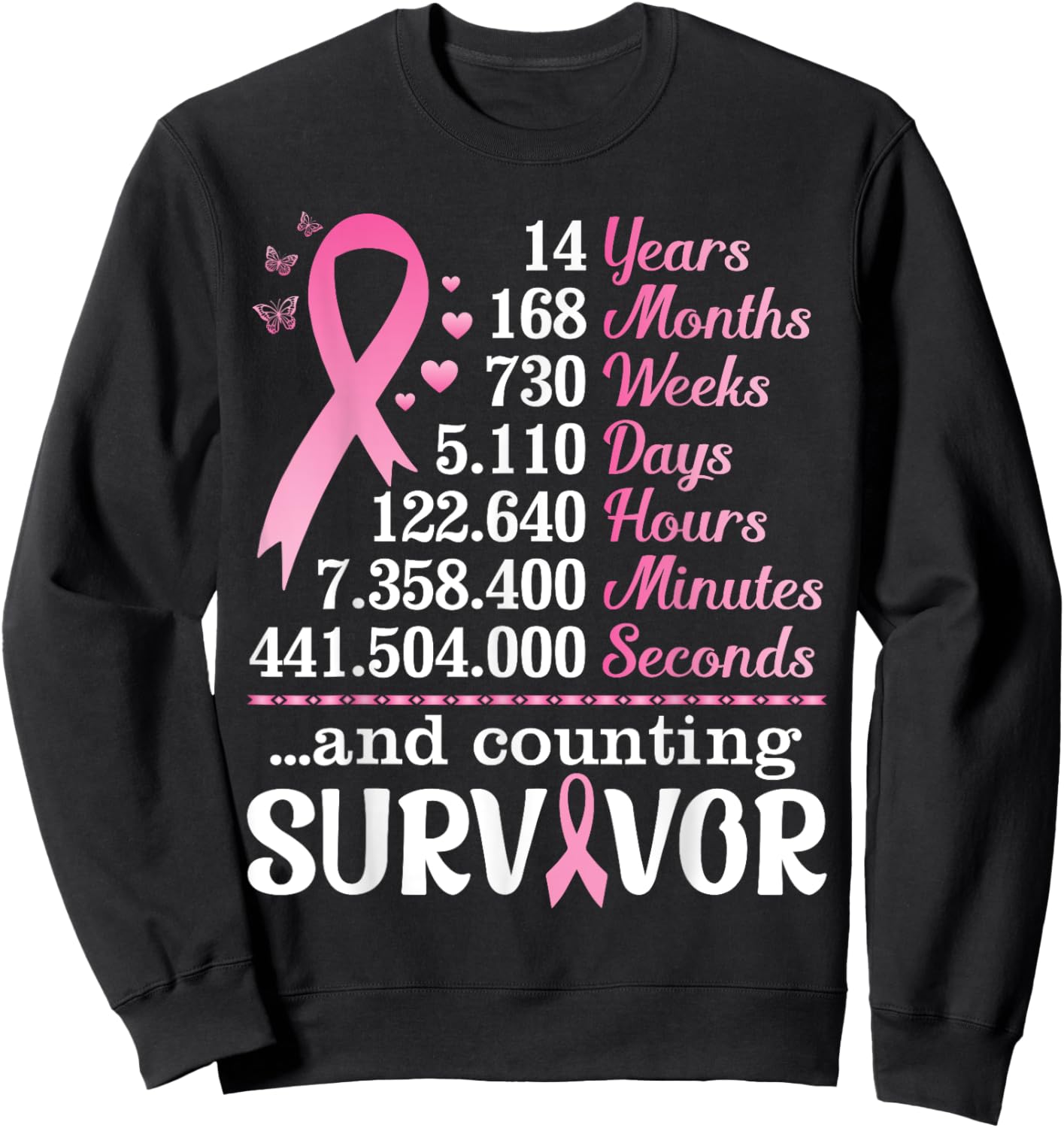14 Years 168 Months Fighting Breast Cancer Counting Survivor Sweatshirt - Sweatshirt | Black
