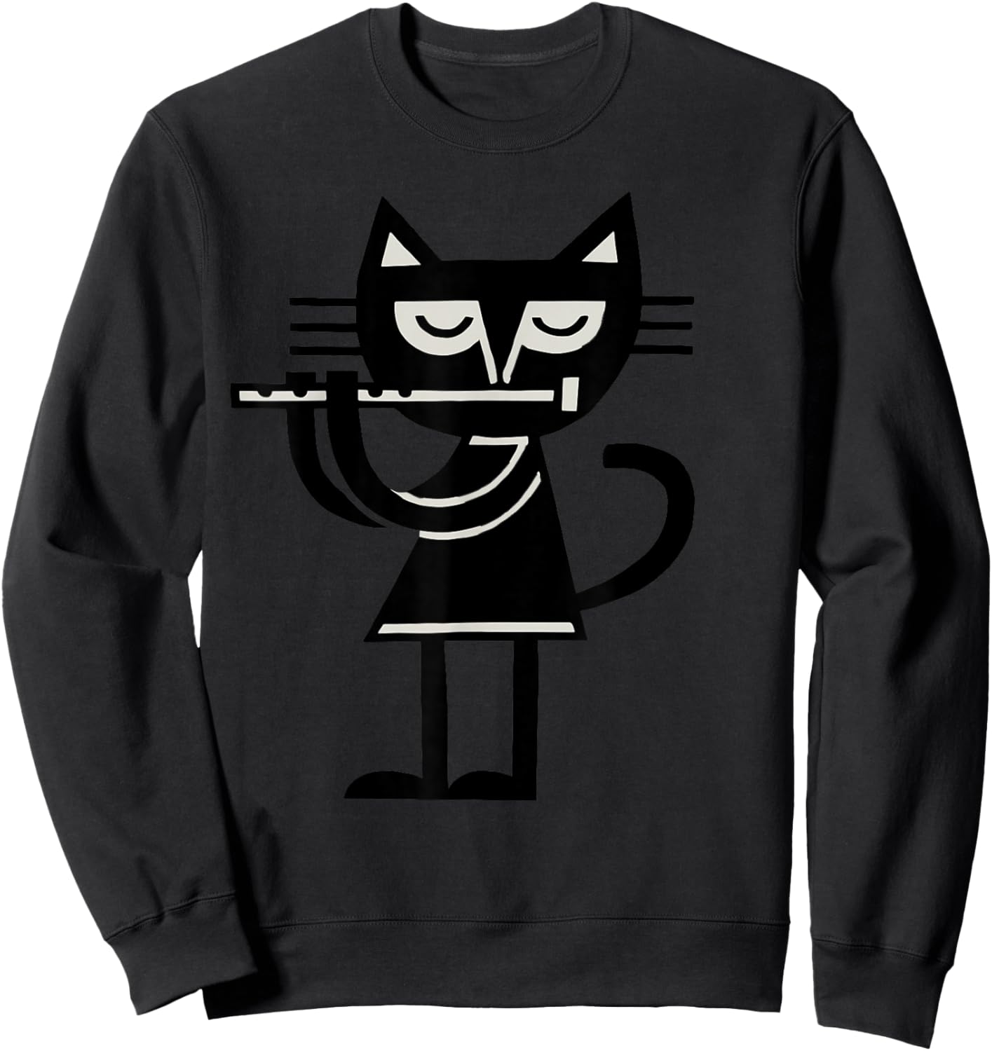Flute Playing Cat Music Lover Minimalist Cartoon Sweatshirt - Sweatshirt | Black