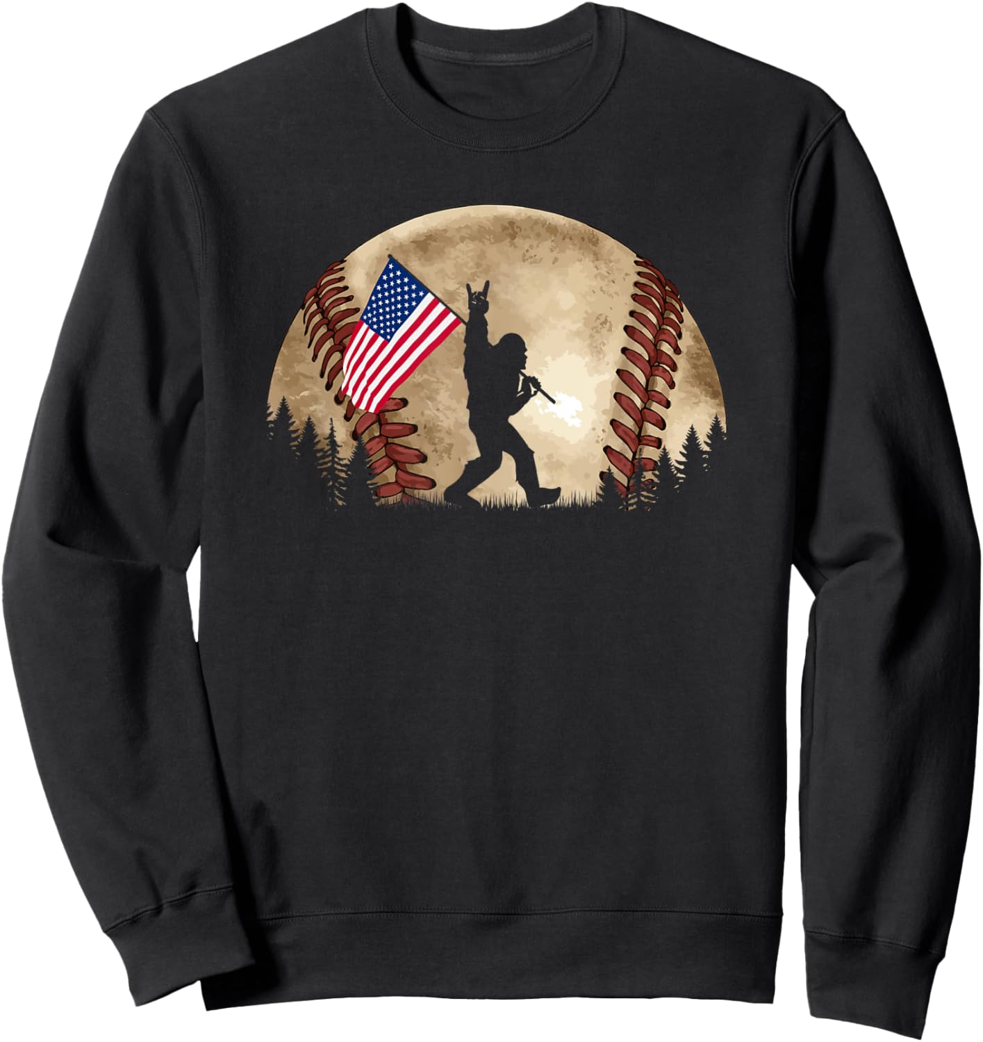 Funny Bigfoot Baseball American Flag Sasquatch Sweatshirt - Sweatshirt | Black
