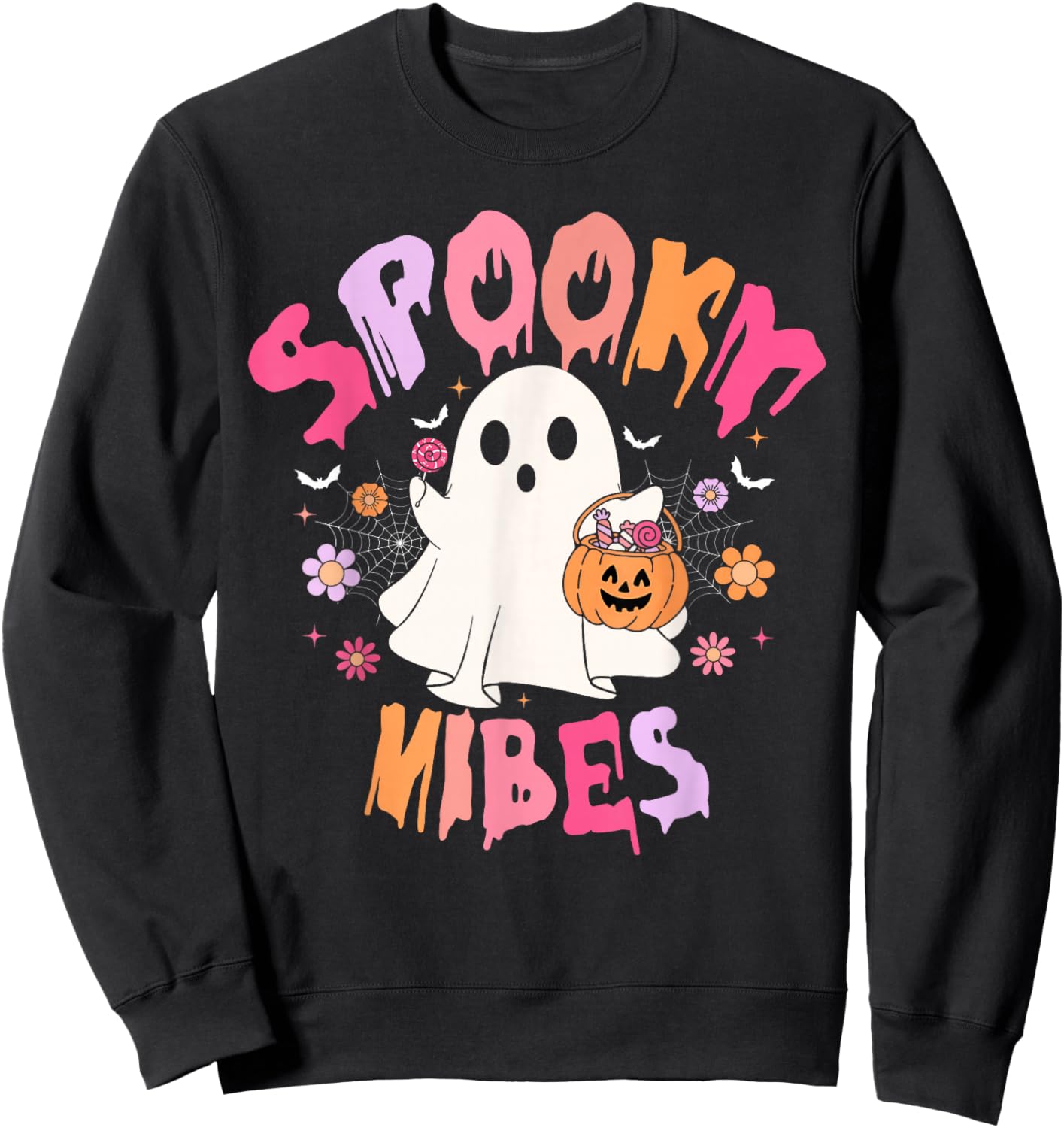 Groovy Spooky Vibes Cute Boo Ghost Halloween Costumes Girls Sweatshirt - Sweatshirt | Black