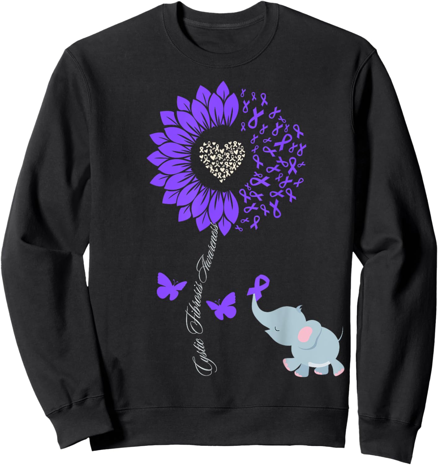 Cystic Fibrosis Awareness Sunflower Elephant Butterfly Sweatshirt - Sweatshirt | Black