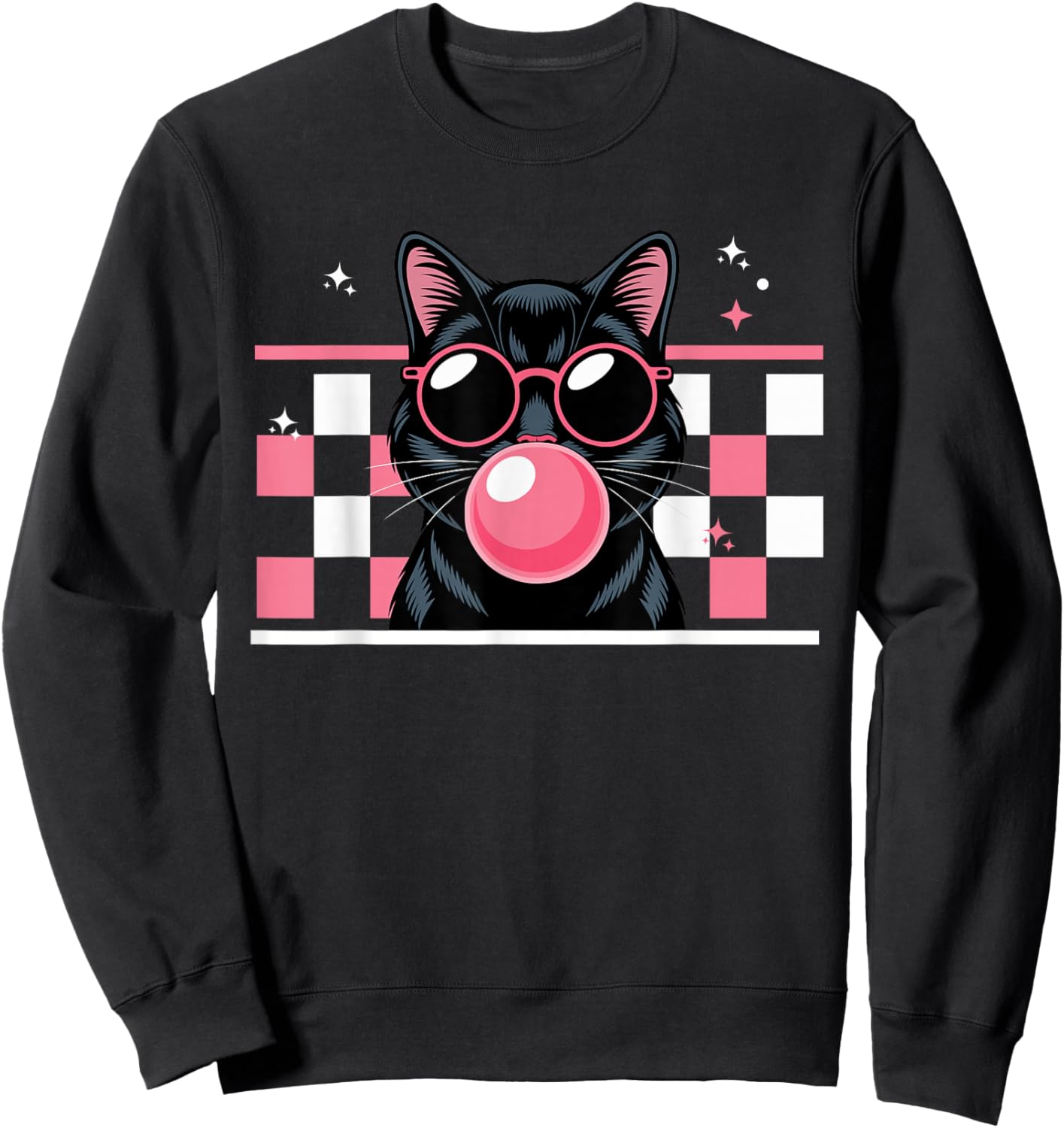 Cool Cat Blowing Pink Bubble Gum with Sunglasses Sweatshirt - Sweatshirt | Black