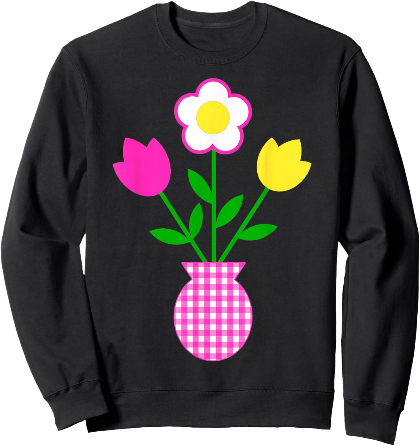 Pink Yellow White Flowers in Tartan Pattern Pot Shapes Mania Sweatshirt - Sweatshirt | Black