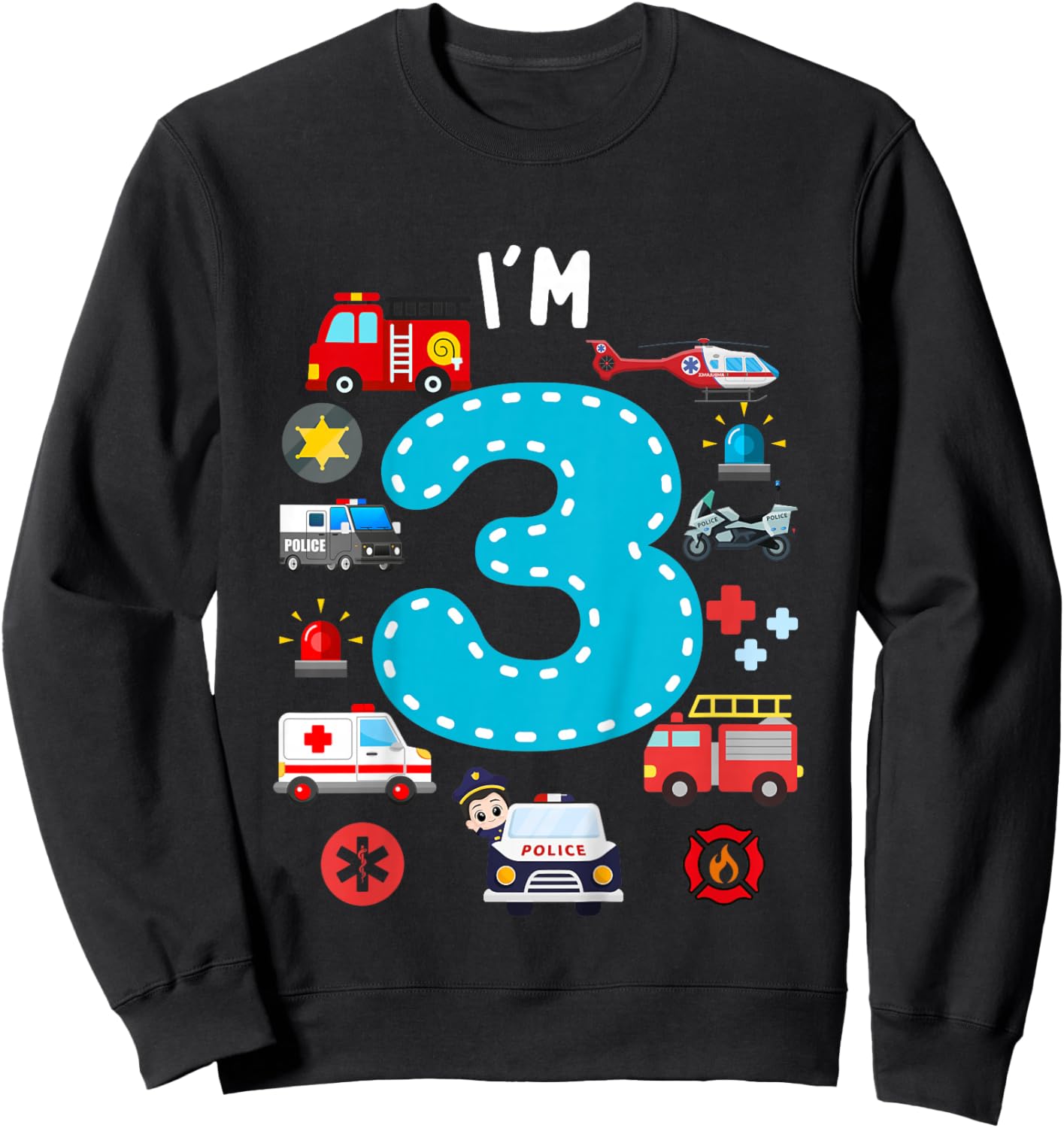 Kids 3rd Birthday Emergency Vehicles Boys 3Years Old Toddler Kids Sweatshirt - Sweatshirt | Black
