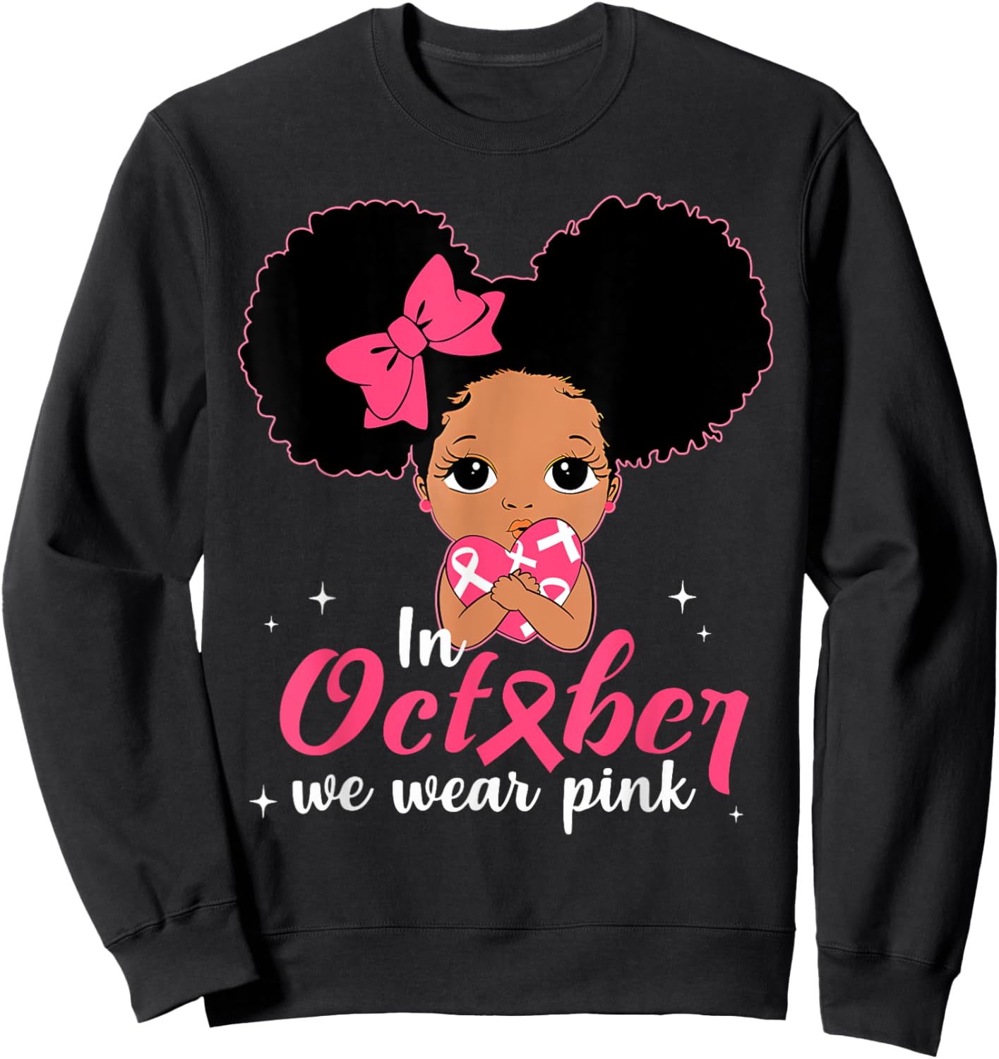 Messy Bun In October We Wear Pink Girls Toddlers Kids Sweatshirt - Sweatshirt | Black