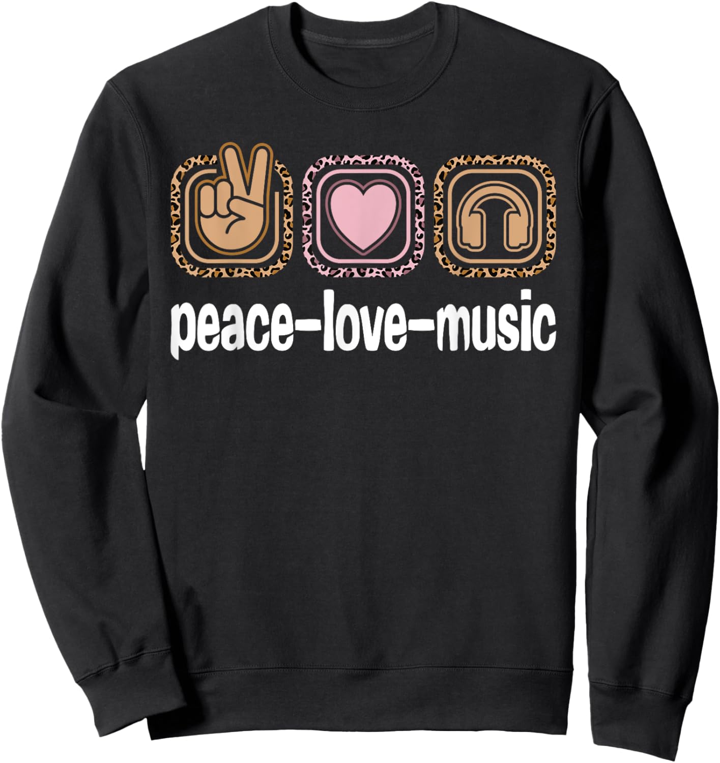 Music Lovers Leopard Print Women Girls Kids Peace Love Music Sweatshirt - Sweatshirt | Black